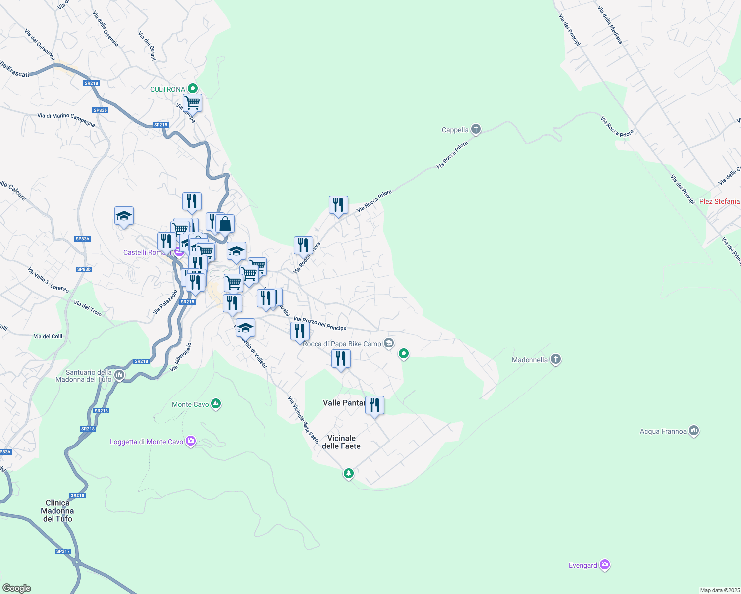 map of restaurants, bars, coffee shops, grocery stores, and more near 33 Via delle Muretta in Rocca di Papa