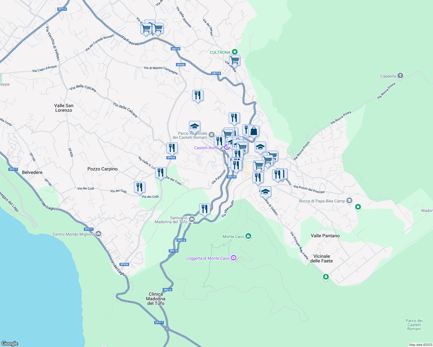 map of restaurants, bars, coffee shops, grocery stores, and more near 61 Via Borgo Valle Vergine in Rocca di Papa