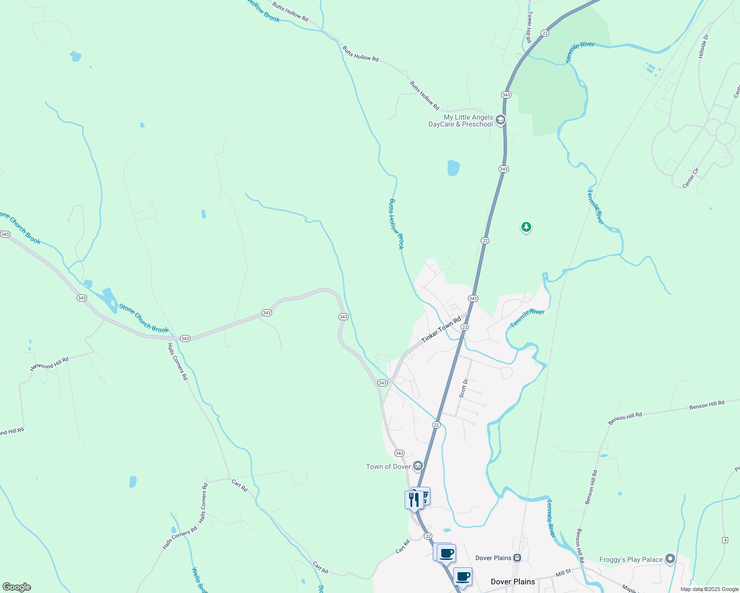map of restaurants, bars, coffee shops, grocery stores, and more near 23 Tinker Town Road in Dover Plains