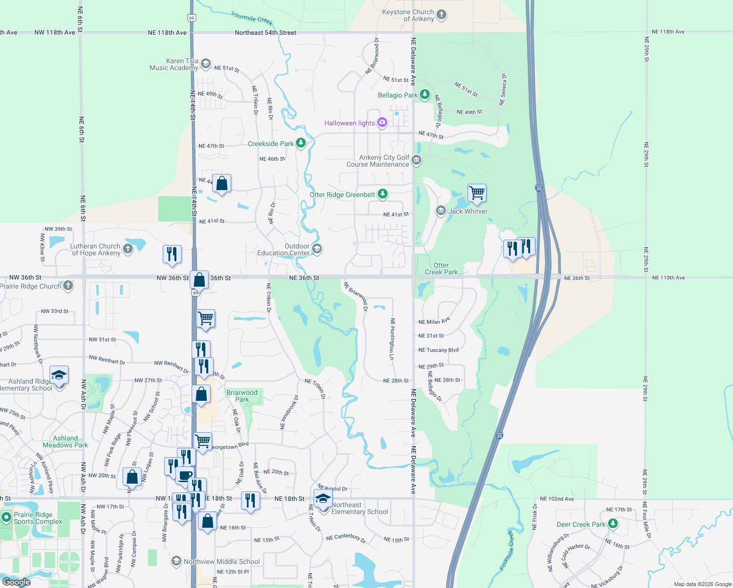map of restaurants, bars, coffee shops, grocery stores, and more near 3401 Northeast Briarwood Drive in Ankeny