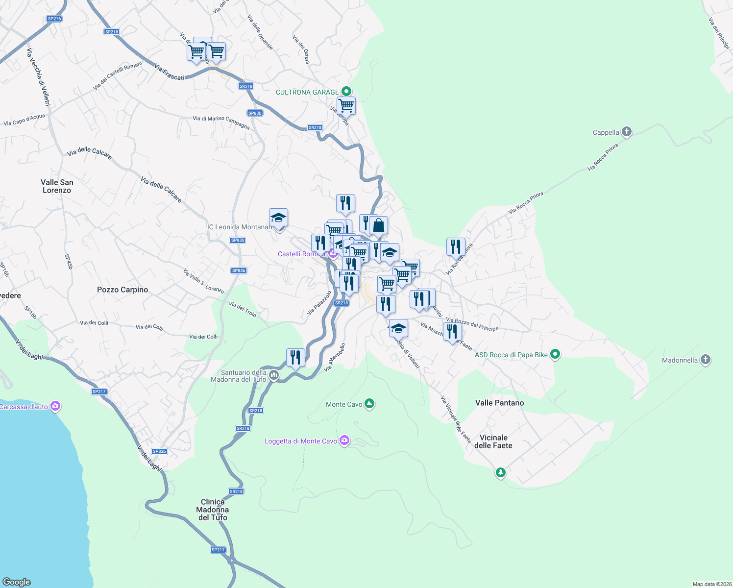 map of restaurants, bars, coffee shops, grocery stores, and more near 40 Via dell'Osservatorio in Rocca di Papa