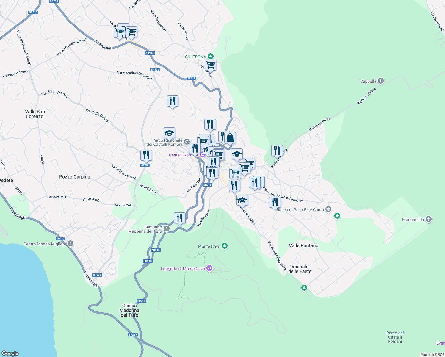 map of restaurants, bars, coffee shops, grocery stores, and more near 40 Via dell'Osservatorio in Rocca di Papa