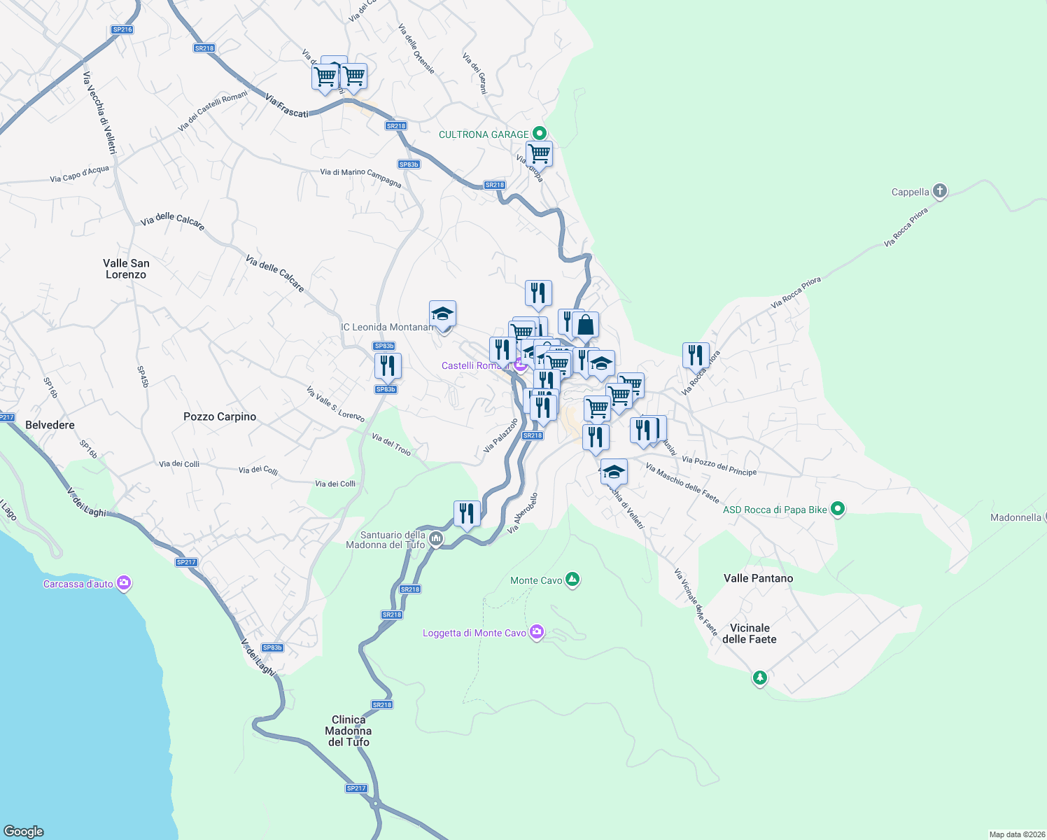 map of restaurants, bars, coffee shops, grocery stores, and more near 14 SR218 in Rocca di Papa