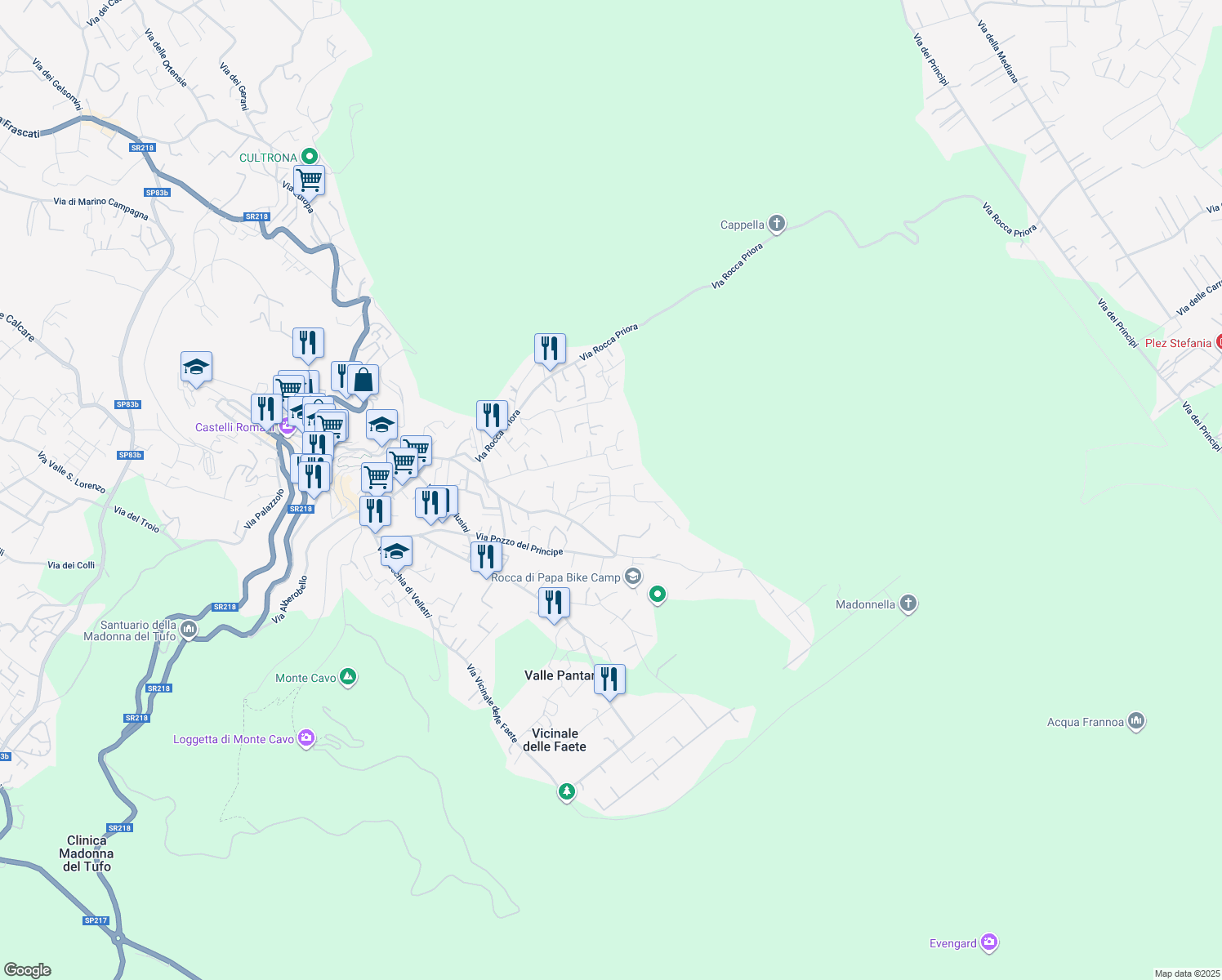 map of restaurants, bars, coffee shops, grocery stores, and more near 33 Via delle Muretta in Rocca di Papa