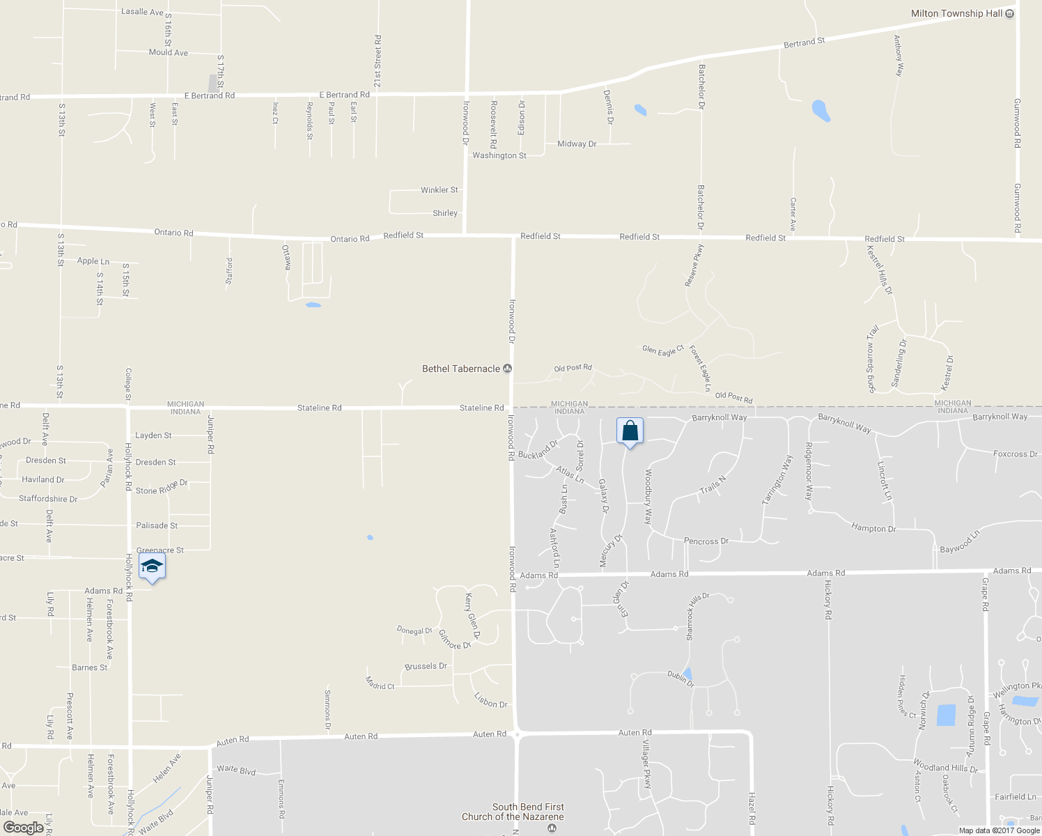map of restaurants, bars, coffee shops, grocery stores, and more near 50502 Ironwood Road in Granger