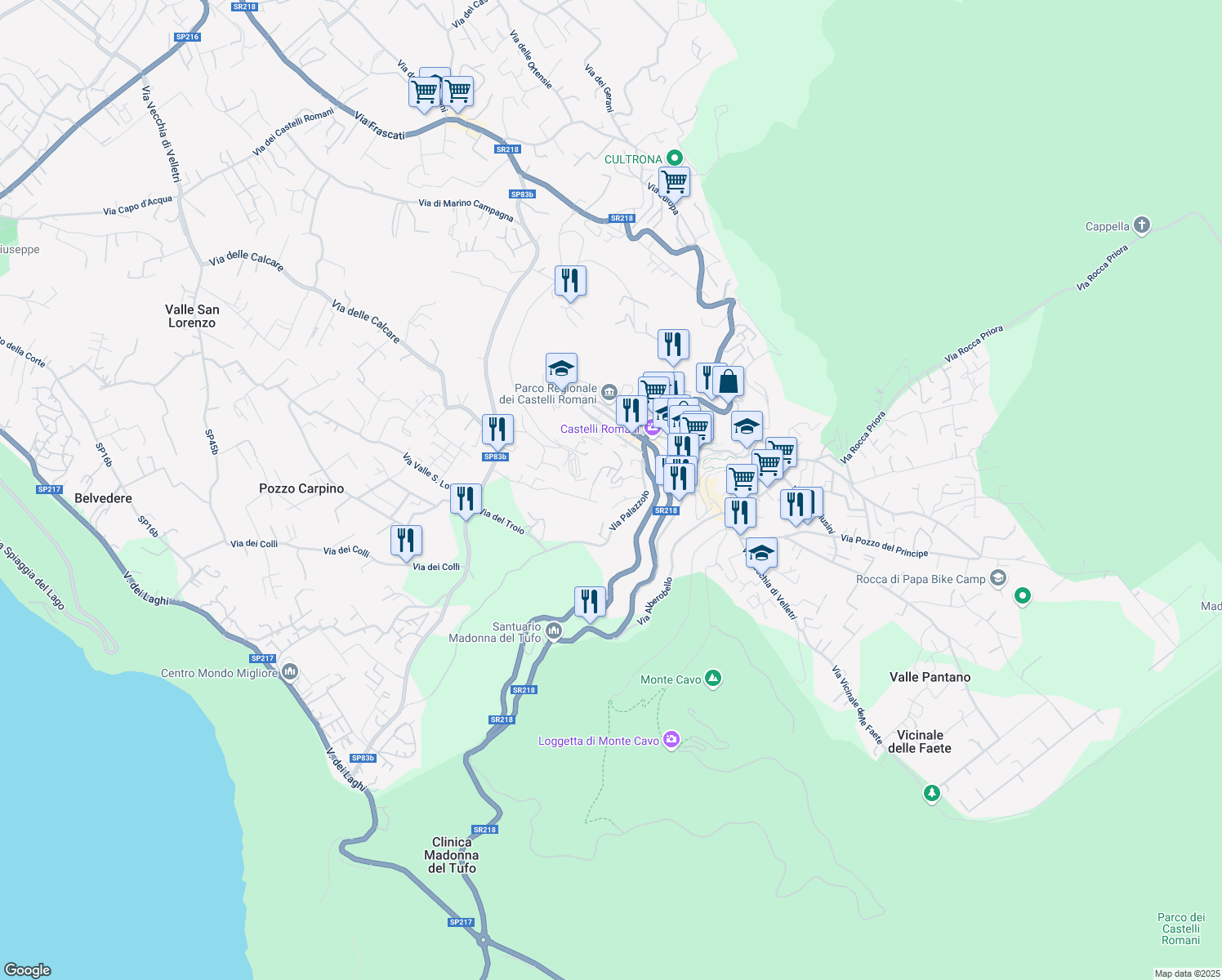 map of restaurants, bars, coffee shops, grocery stores, and more near 61 Via Borgo Valle Vergine in Rocca di Papa