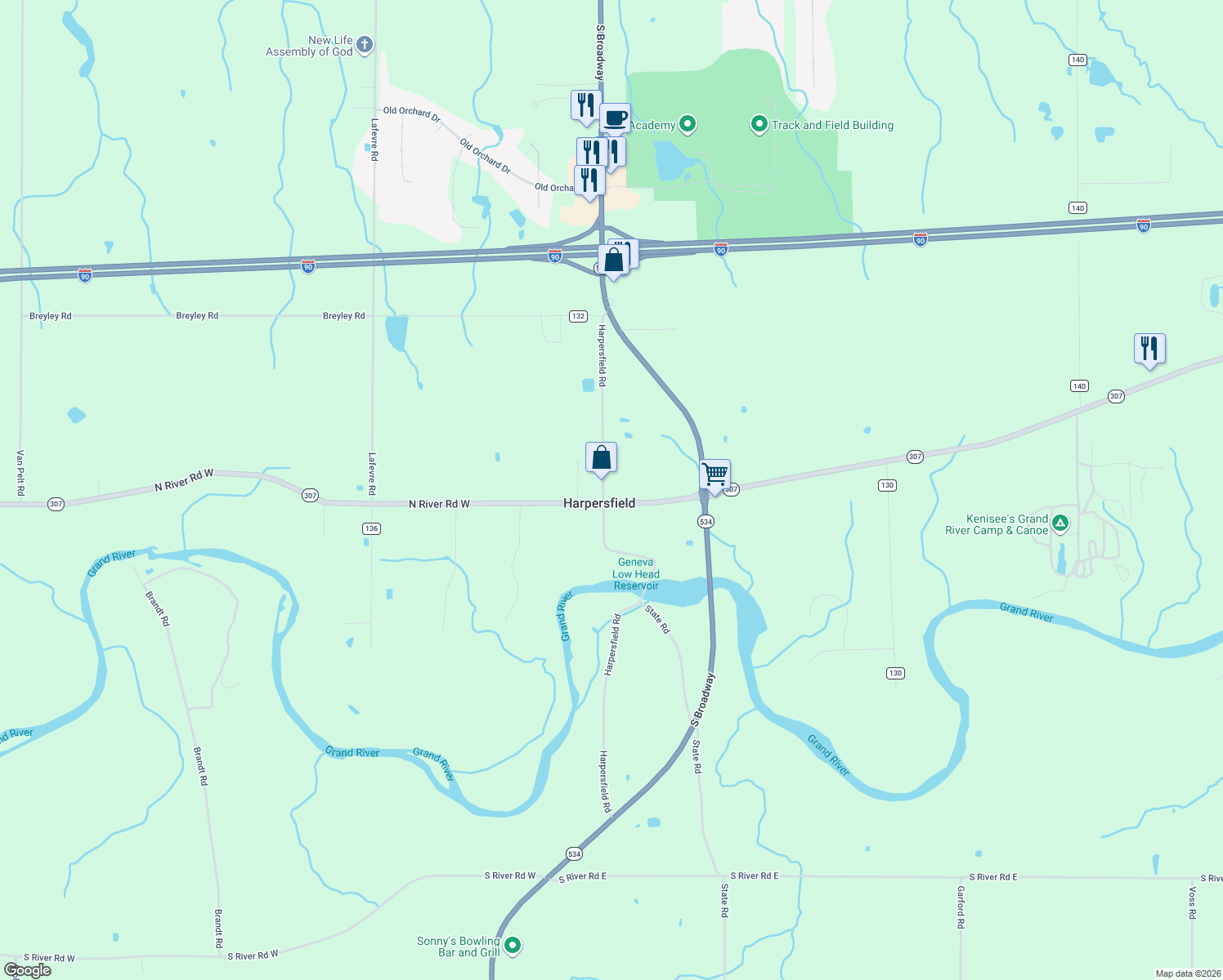 map of restaurants, bars, coffee shops, grocery stores, and more near 1338 Harpersfield Rd in Geneva