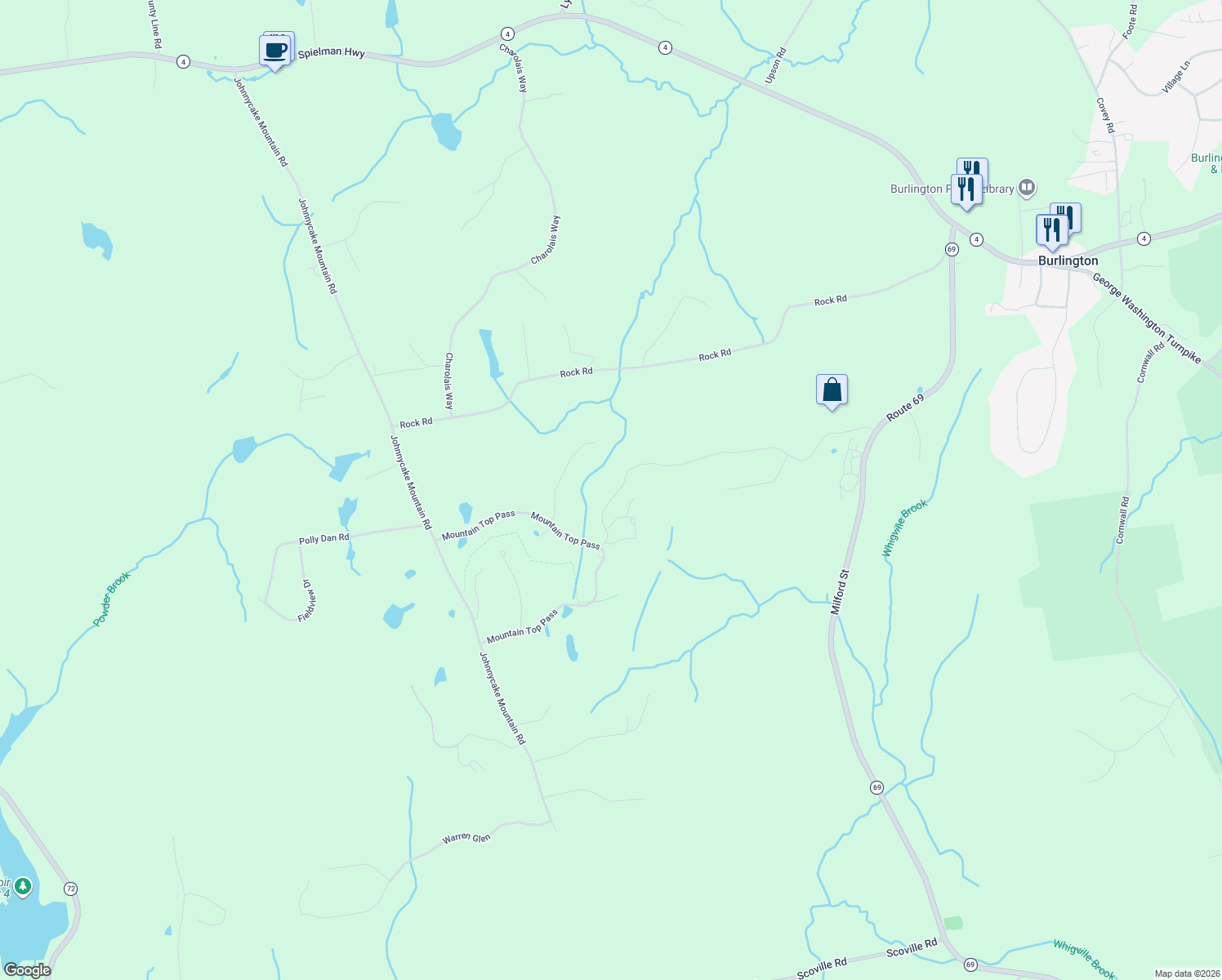 map of restaurants, bars, coffee shops, grocery stores, and more near 52 Saw Mill Road in Burlington