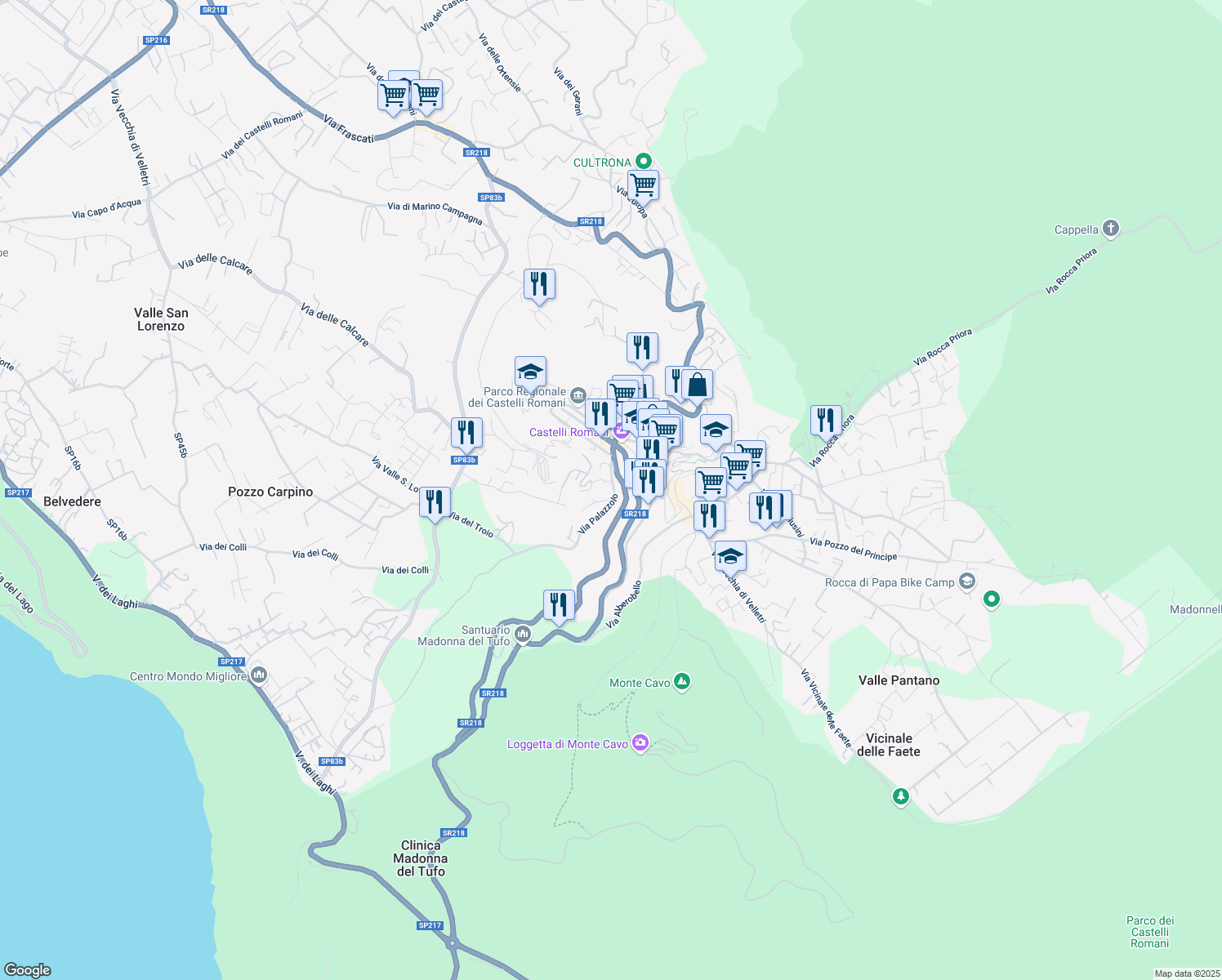 map of restaurants, bars, coffee shops, grocery stores, and more near 28 Via Palazzolo in Rocca di Papa
