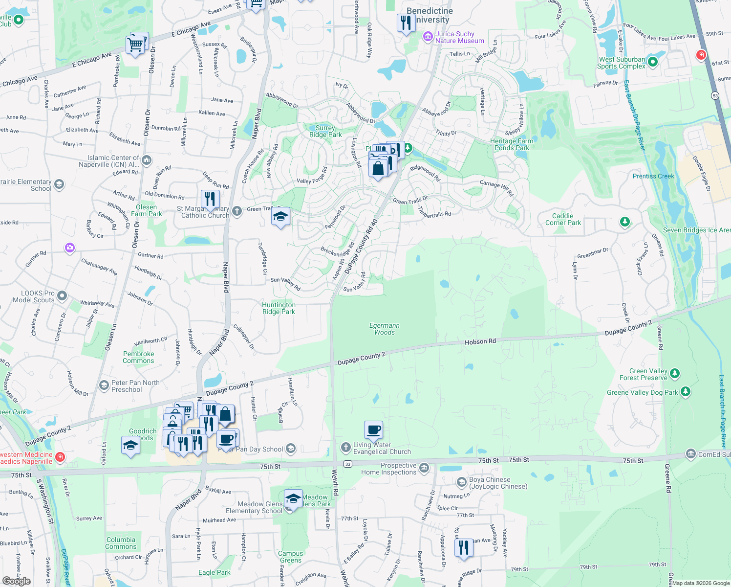 map of restaurants, bars, coffee shops, grocery stores, and more near 2585 Alta Court in Lisle
