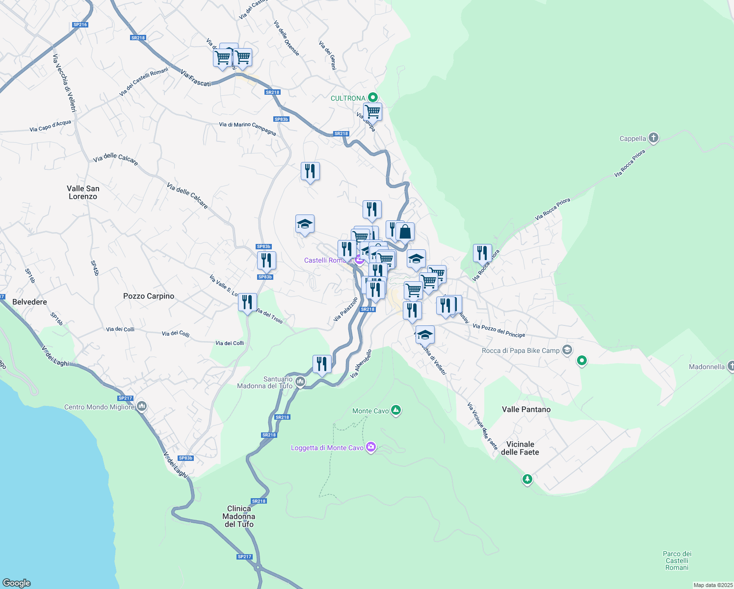 map of restaurants, bars, coffee shops, grocery stores, and more near 14 SR218 in Rocca di Papa