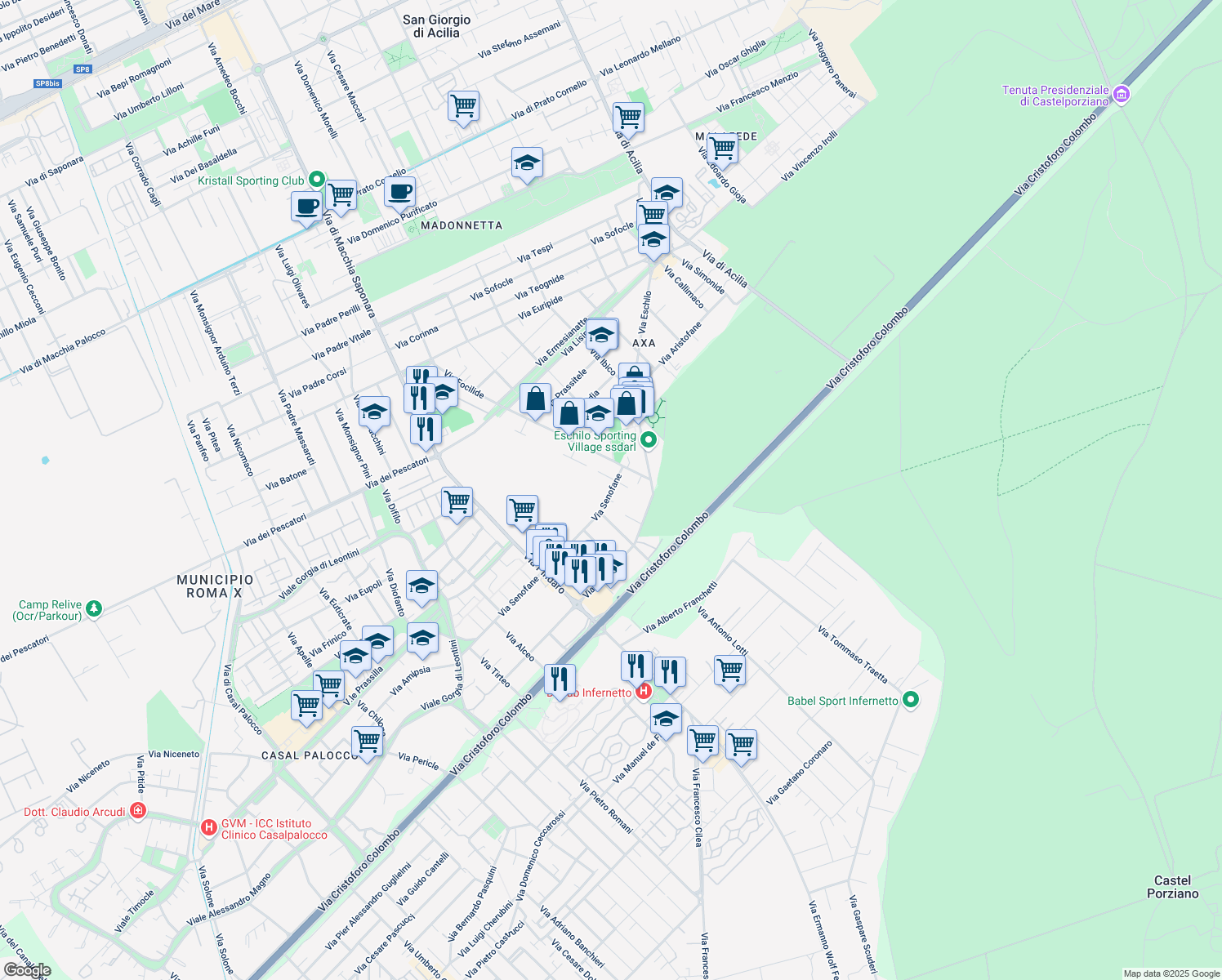 map of restaurants, bars, coffee shops, grocery stores, and more near Via Senofane in Acilia-castel Fusano-ostia Antica