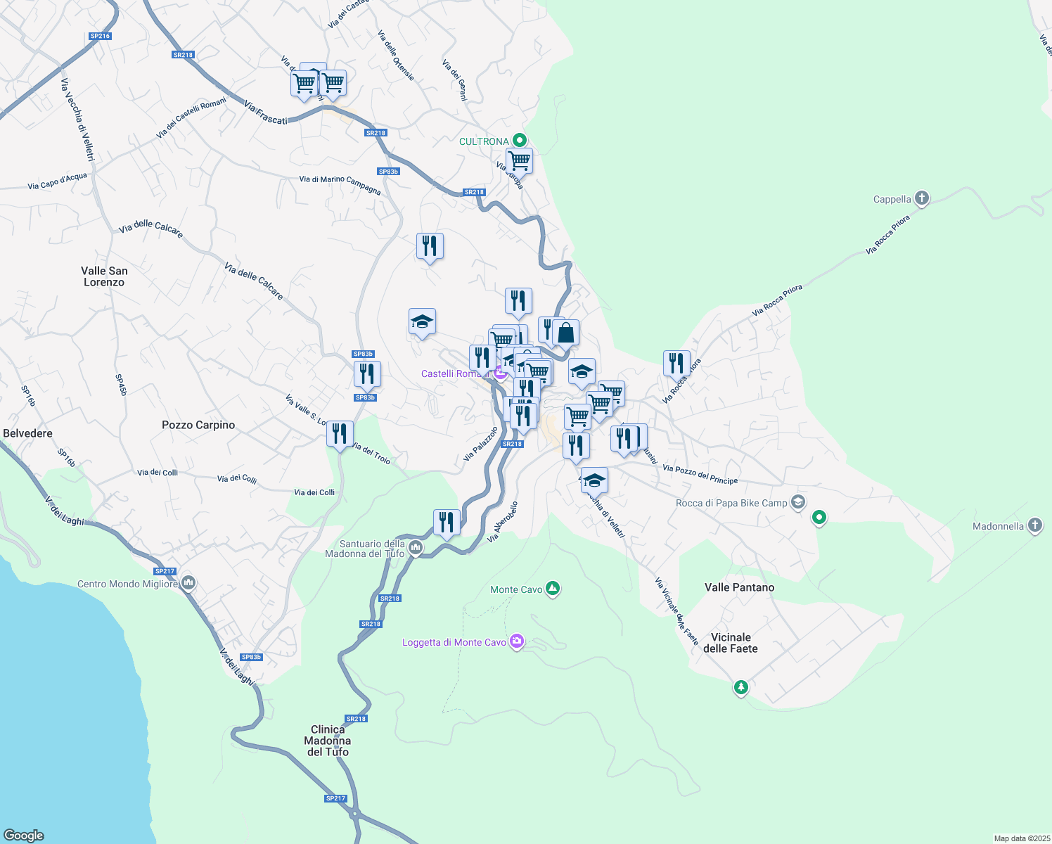 map of restaurants, bars, coffee shops, grocery stores, and more near 14 SR218 in Rocca di Papa