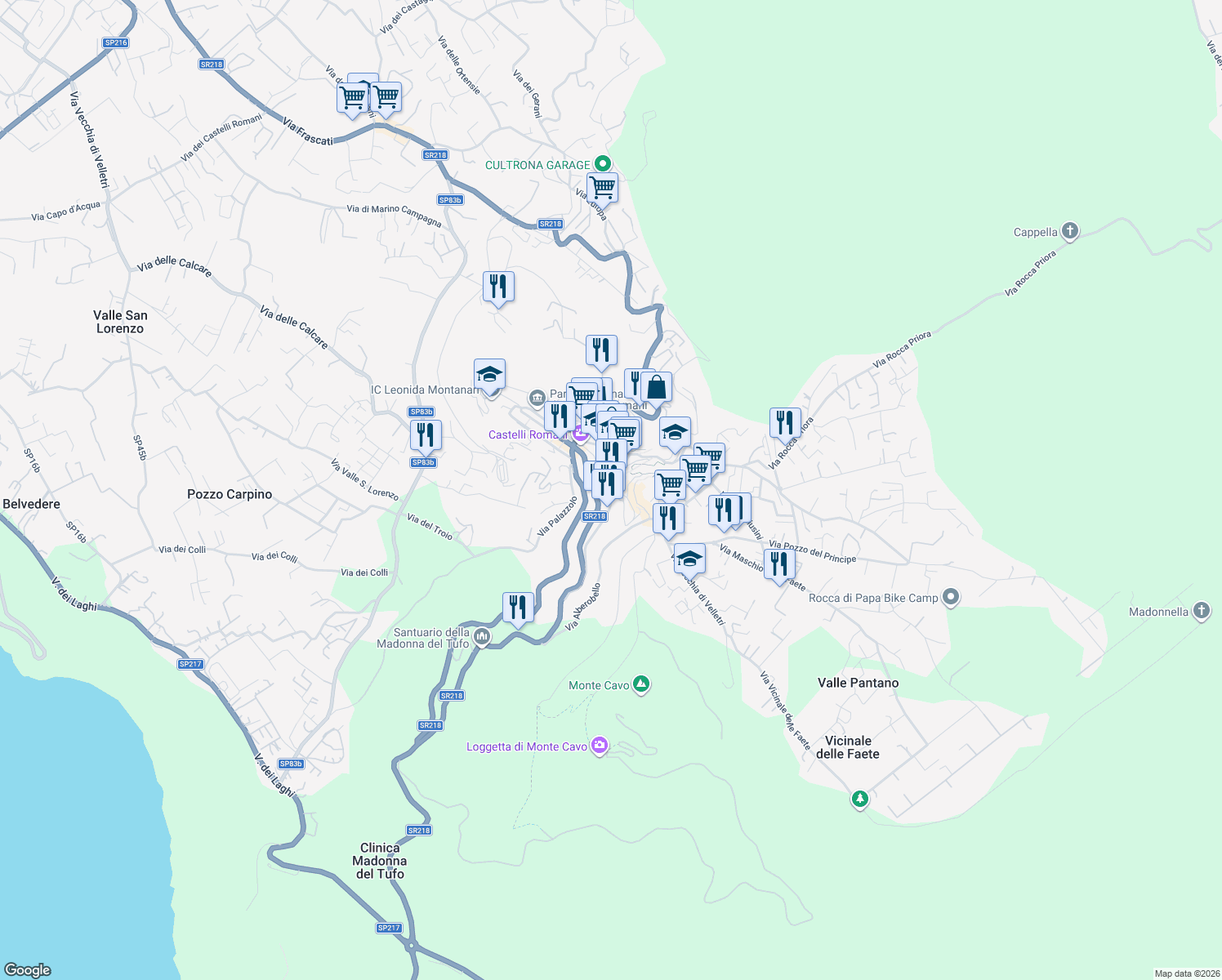 map of restaurants, bars, coffee shops, grocery stores, and more near 40 Via dell'Osservatorio in Rocca di Papa