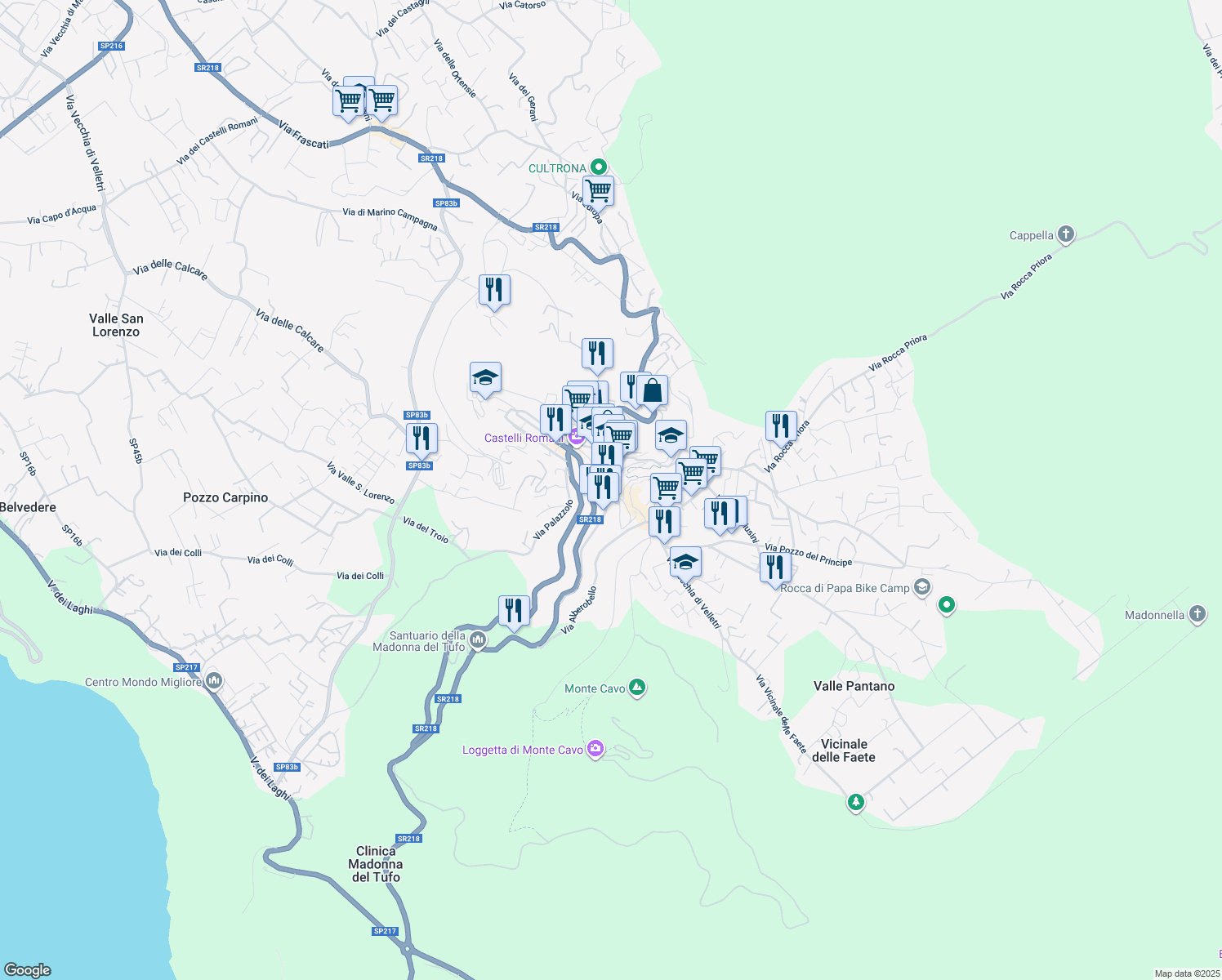 map of restaurants, bars, coffee shops, grocery stores, and more near 40 Via dell'Osservatorio in Rocca di Papa