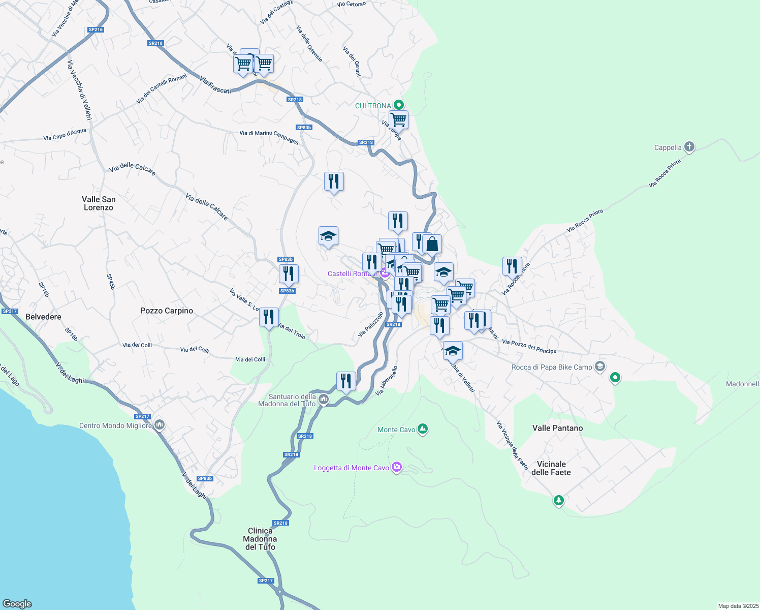 map of restaurants, bars, coffee shops, grocery stores, and more near 28 Via Palazzolo in Rocca di Papa