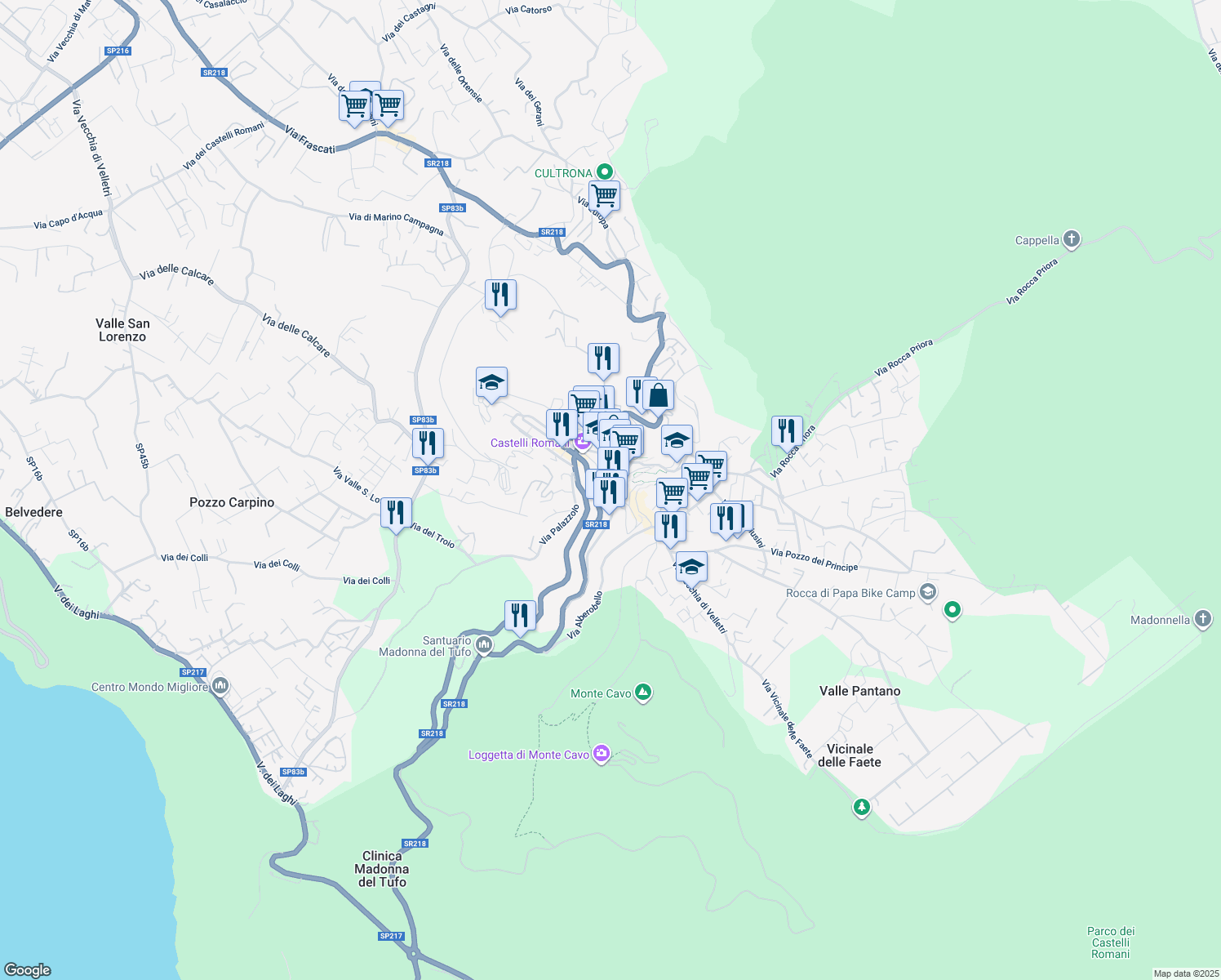 map of restaurants, bars, coffee shops, grocery stores, and more near 14 SR218 in Rocca di Papa