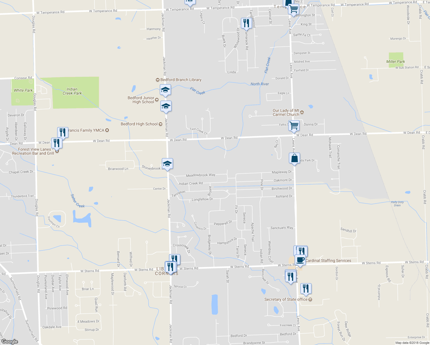 map of restaurants, bars, coffee shops, grocery stores, and more near 1408 Meadowbrook Way in Temperance