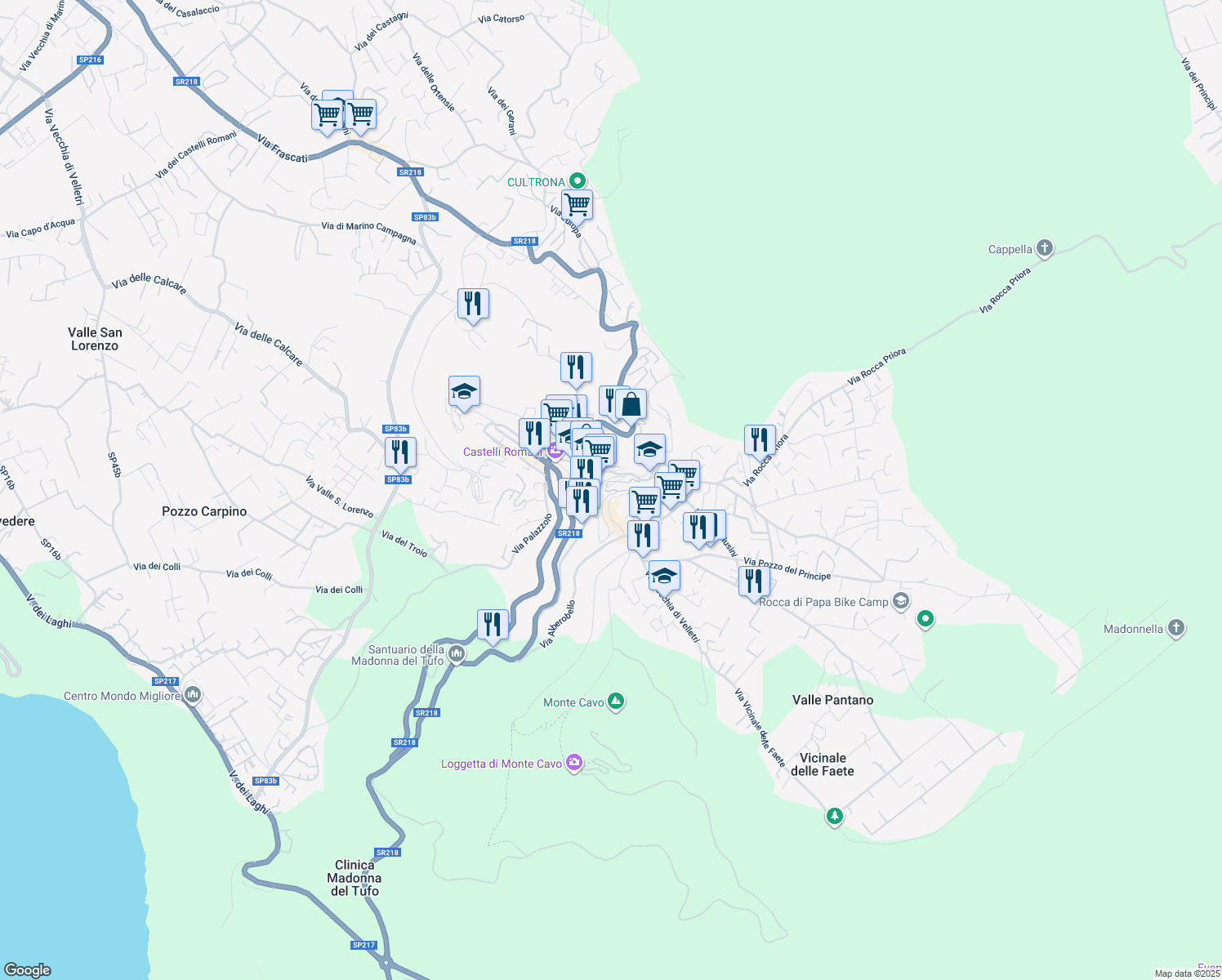 map of restaurants, bars, coffee shops, grocery stores, and more near 15 Via Campi D'Annibale in Rocca di Papa