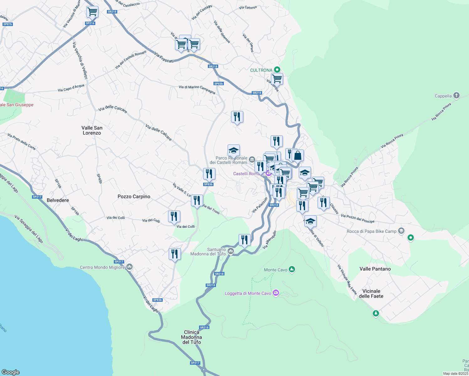 map of restaurants, bars, coffee shops, grocery stores, and more near 3 Via Valle Vergine in Rocca di Papa