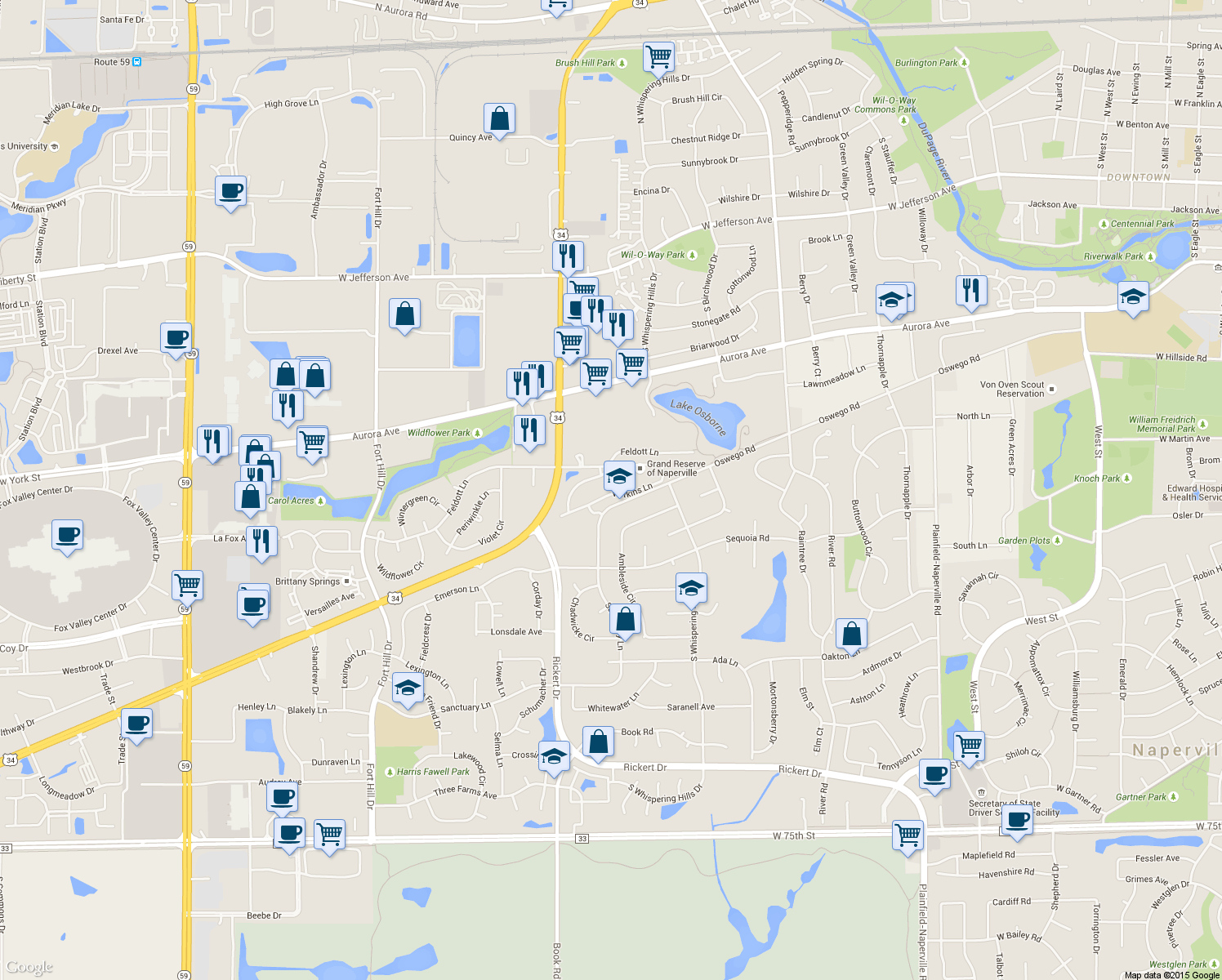 map of restaurants, bars, coffee shops, grocery stores, and more near 1535 Watkins Lane in Naperville
