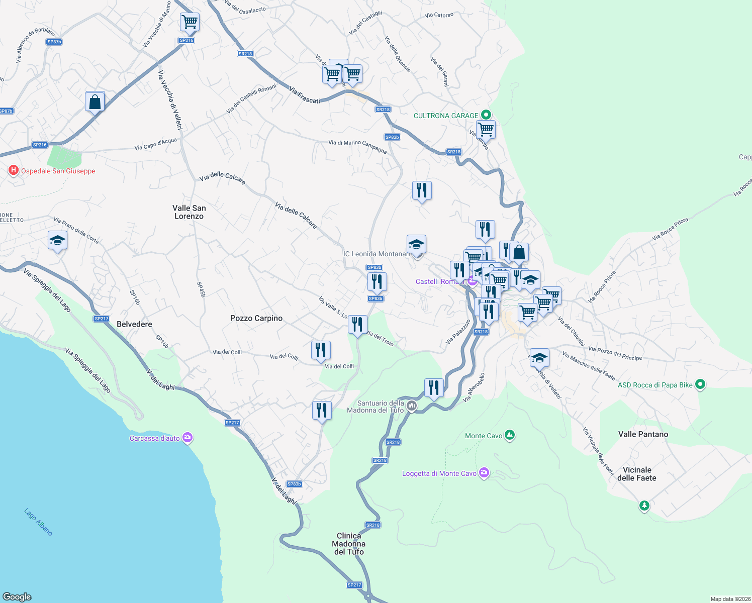 map of restaurants, bars, coffee shops, grocery stores, and more near Via delle Barozze in Rocca di Papa