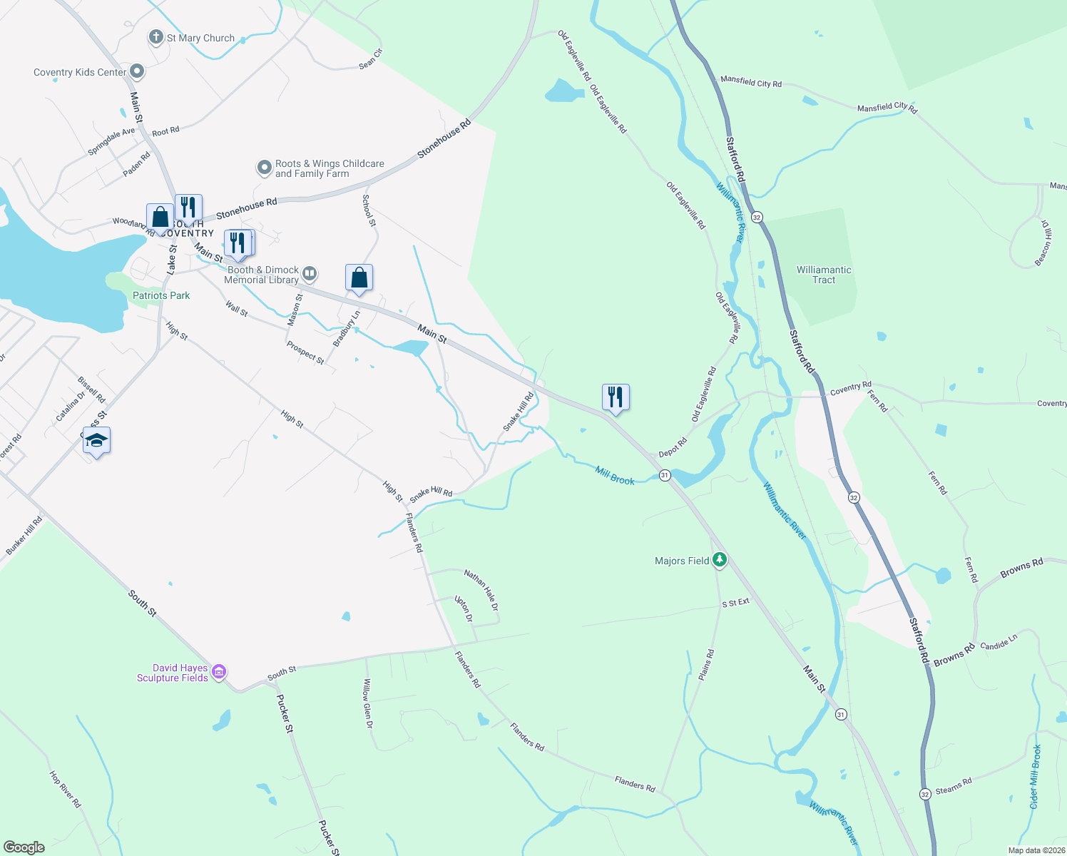 map of restaurants, bars, coffee shops, grocery stores, and more near 695 Main St in Coventry