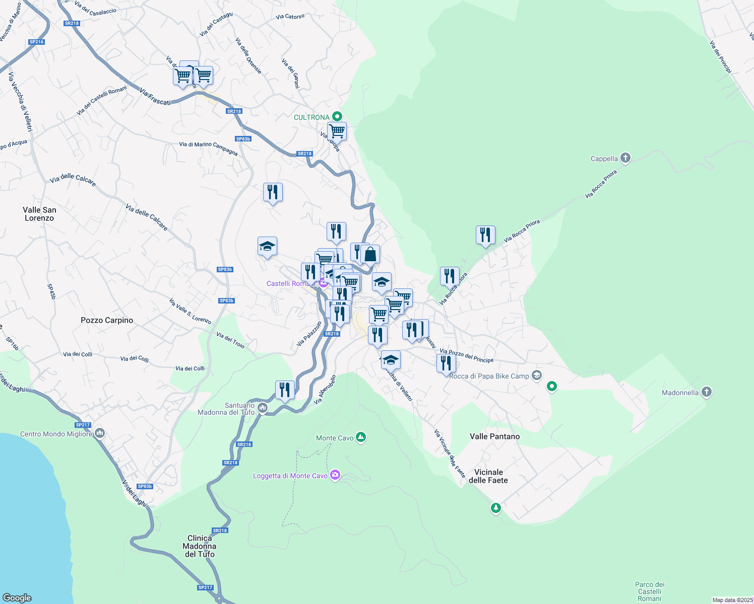 map of restaurants, bars, coffee shops, grocery stores, and more near 69 Via Campi D'Annibale in Rocca di Papa