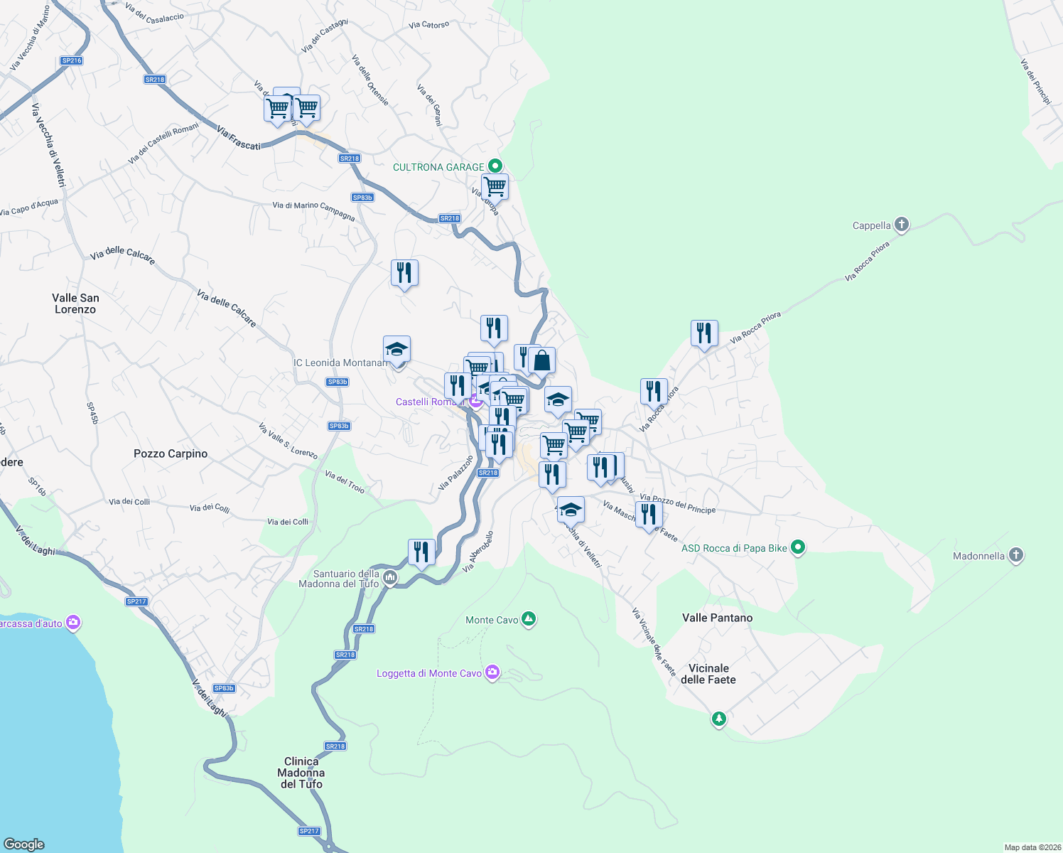 map of restaurants, bars, coffee shops, grocery stores, and more near 69 Via Campi D'Annibale in Rocca di Papa