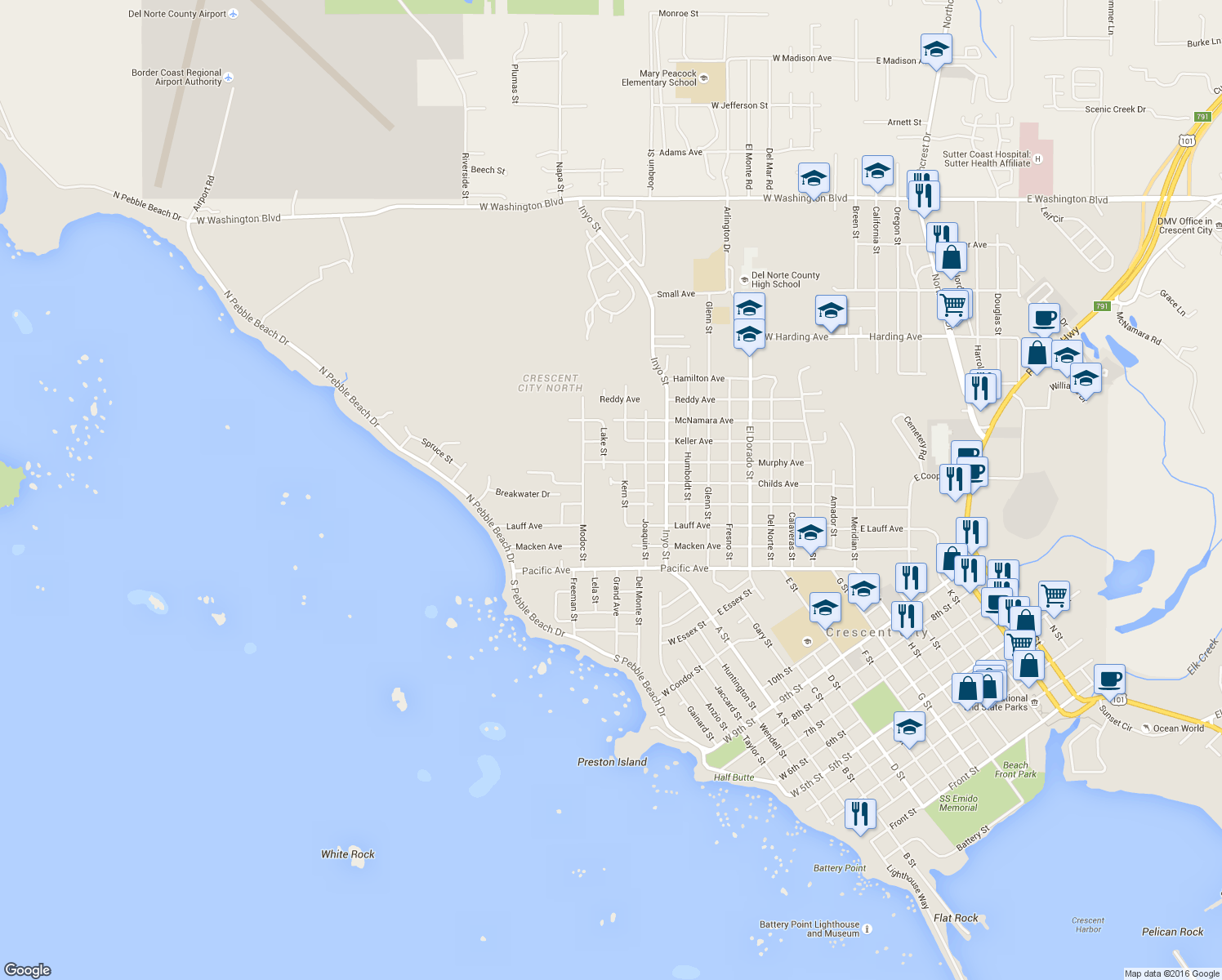map of restaurants, bars, coffee shops, grocery stores, and more near 1241 Childs Avenue in Crescent City