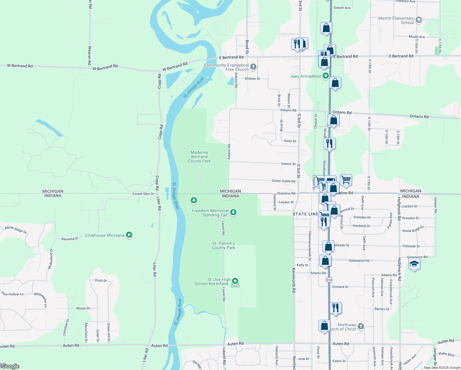 map of restaurants, bars, coffee shops, grocery stores, and more near 3161 Adams Road in Niles