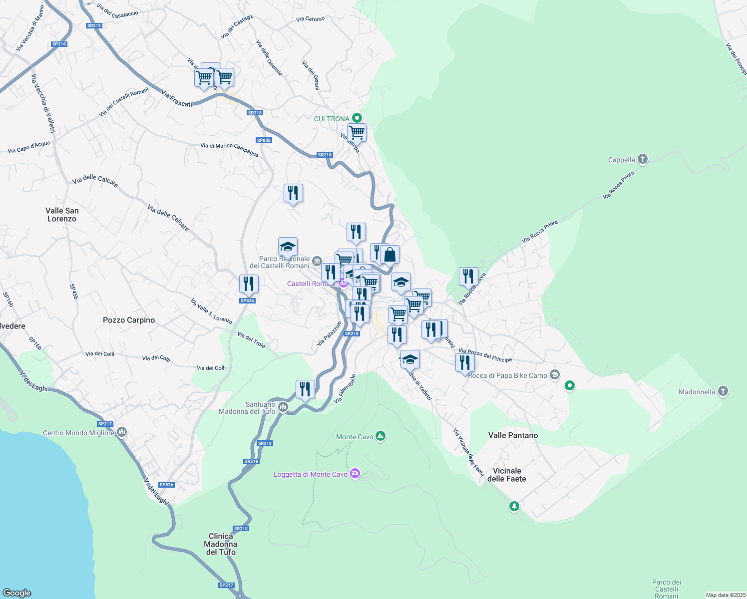 map of restaurants, bars, coffee shops, grocery stores, and more near 15 Via Campi D'Annibale in Rocca di Papa