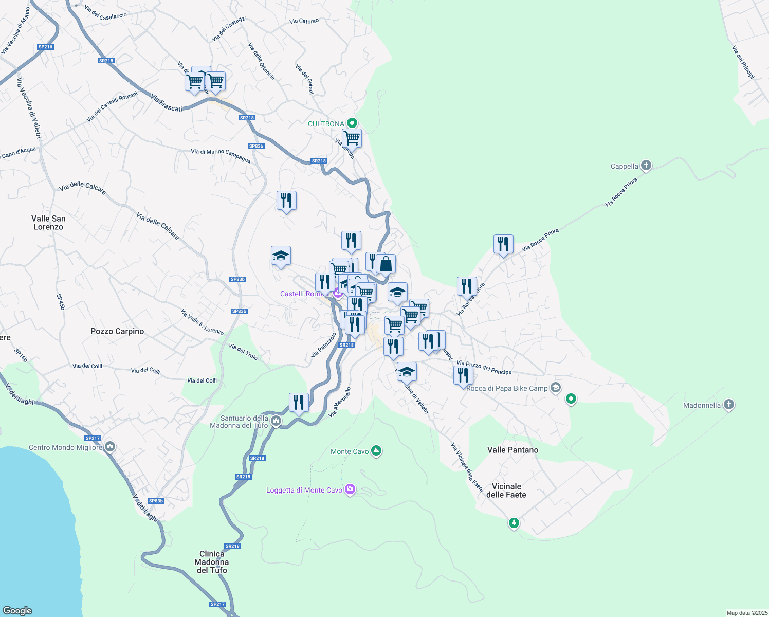 map of restaurants, bars, coffee shops, grocery stores, and more near 69 Via Campi D'Annibale in Rocca di Papa