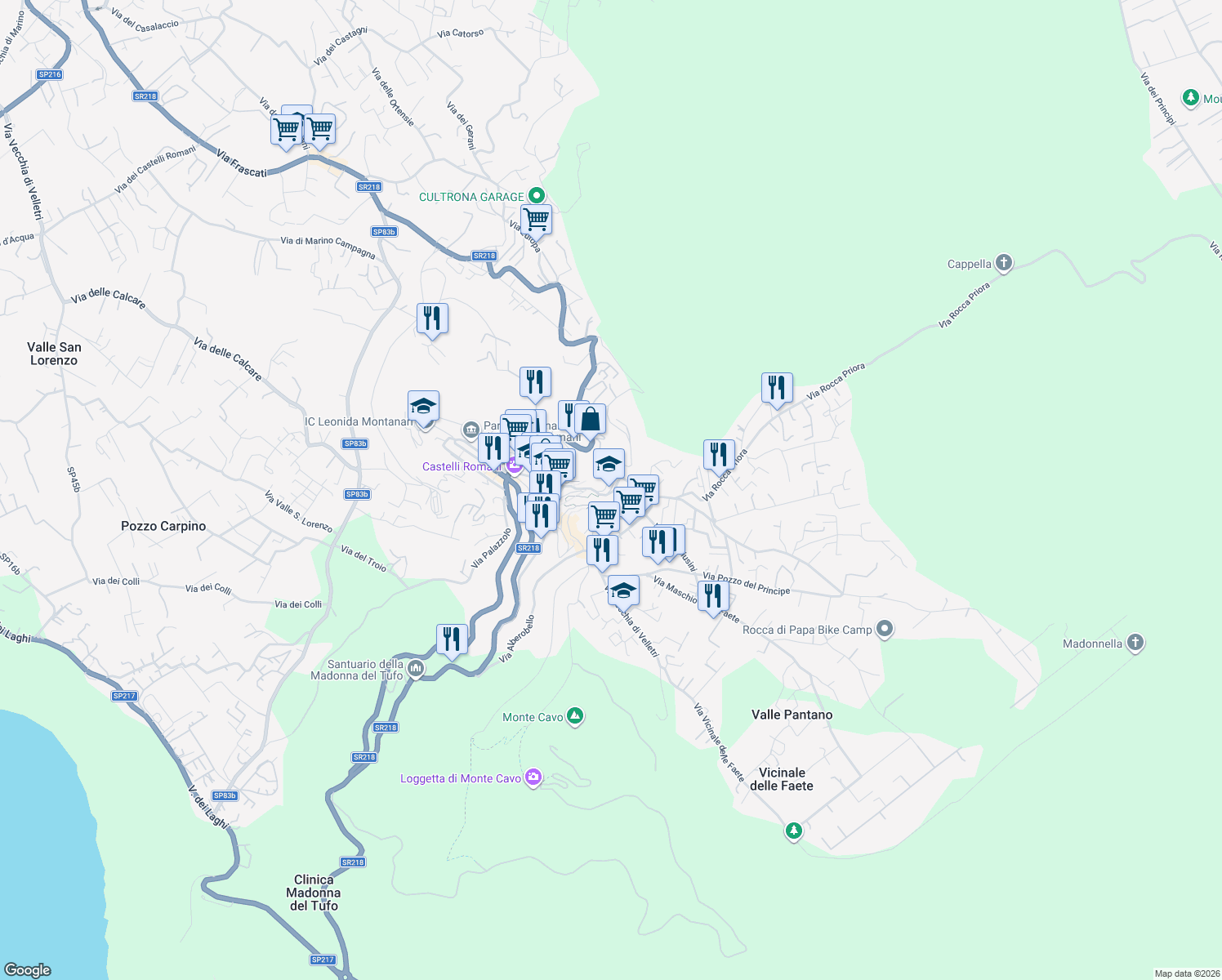 map of restaurants, bars, coffee shops, grocery stores, and more near 28 Via Campi D'Annibale in Rocca di Papa