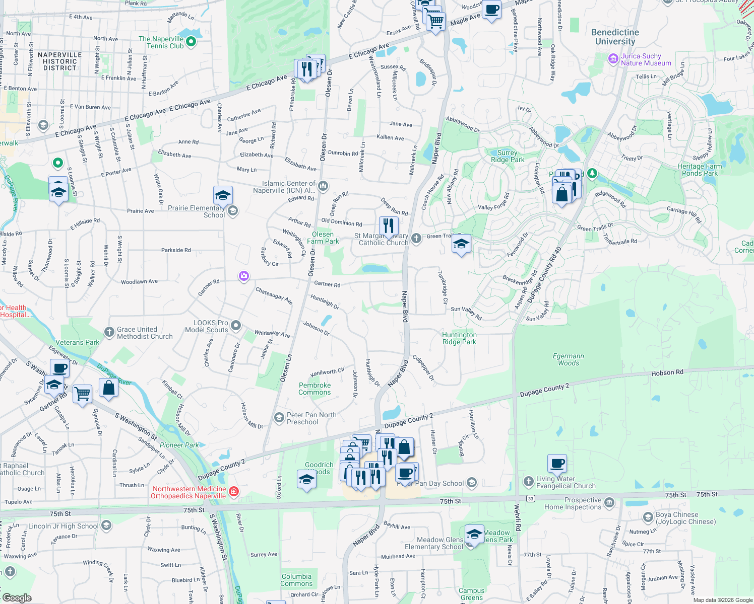 map of restaurants, bars, coffee shops, grocery stores, and more near 824 Rockbridge Drive in Naperville
