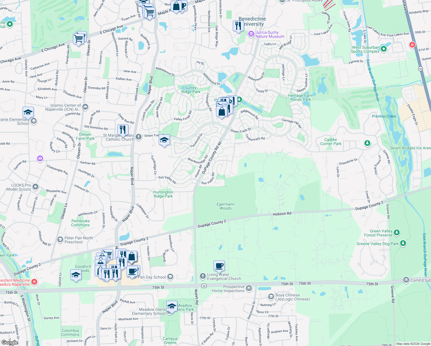 map of restaurants, bars, coffee shops, grocery stores, and more near 2547 Sun Valley Road in Lisle