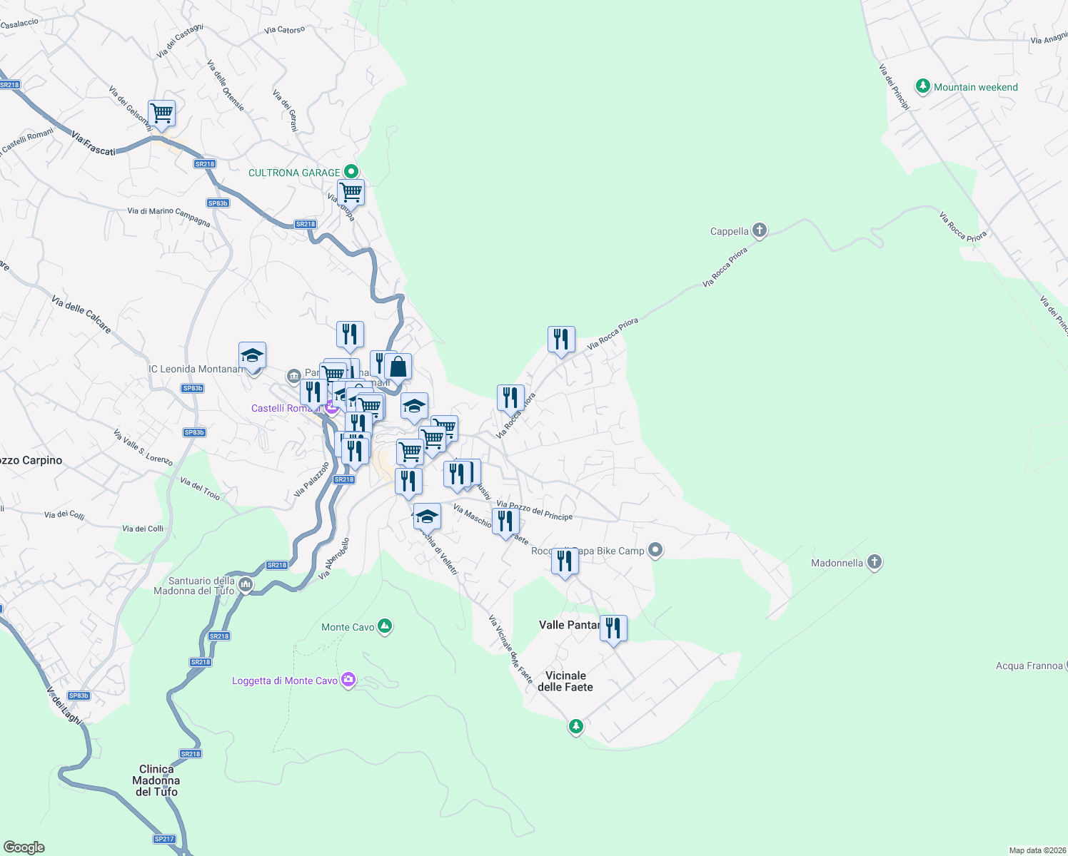 map of restaurants, bars, coffee shops, grocery stores, and more near 26 Via Rocca Priora in Rocca di Papa