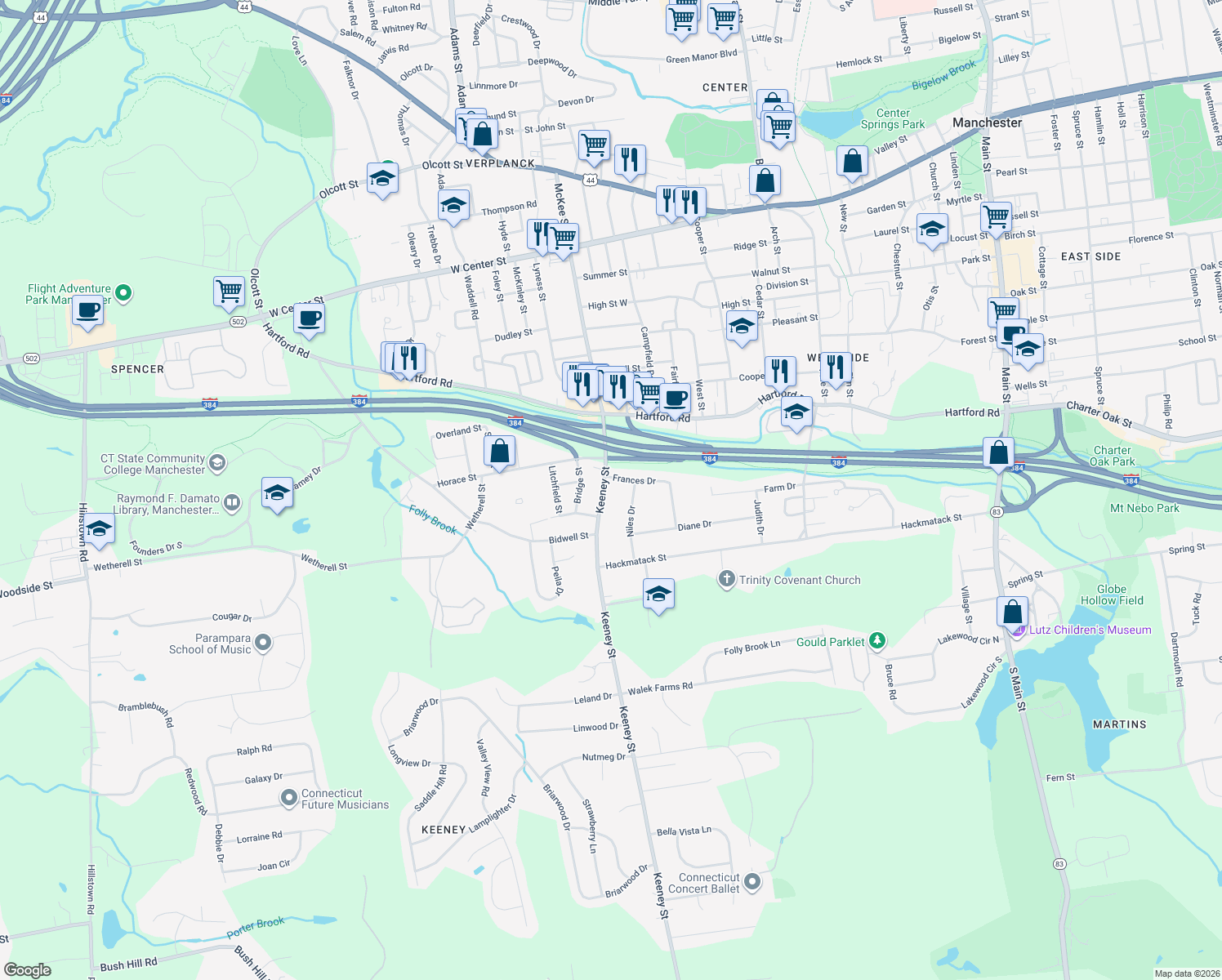 map of restaurants, bars, coffee shops, grocery stores, and more near 27 Keeney St in Manchester