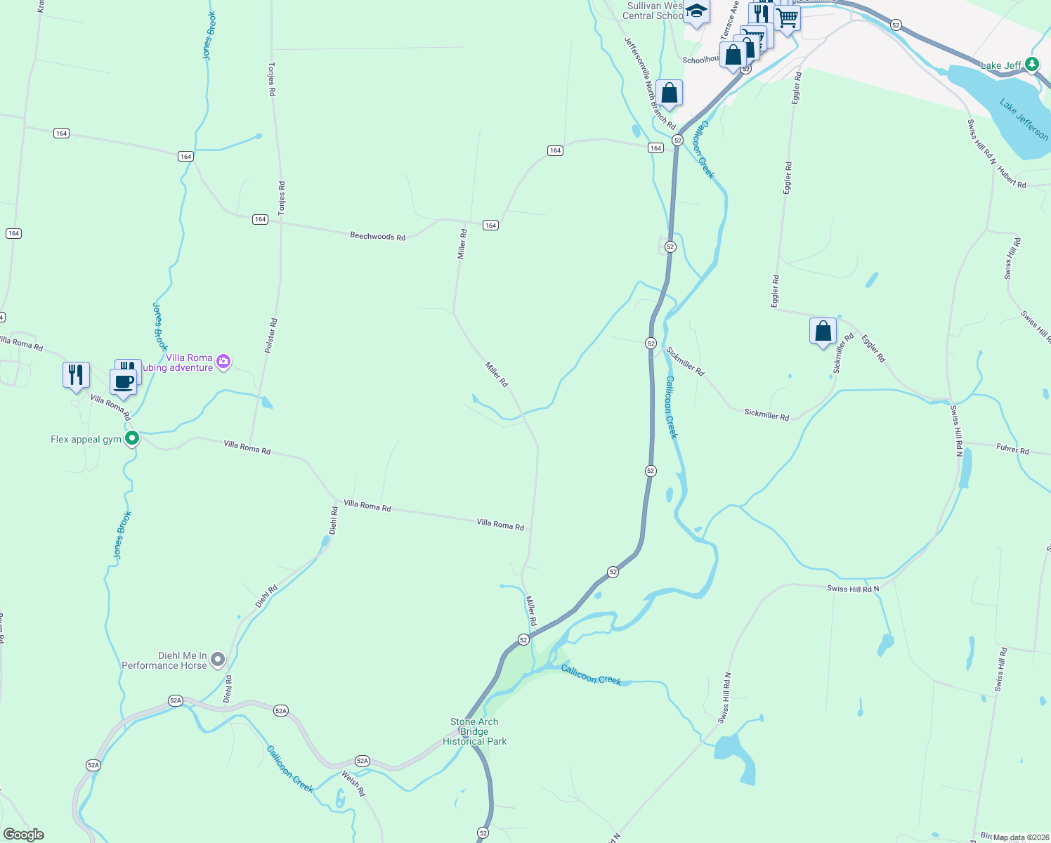 map of restaurants, bars, coffee shops, grocery stores, and more near 198 Miller Road in Sullivan County