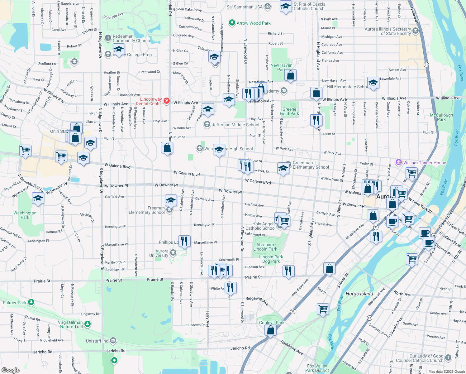 map of restaurants, bars, coffee shops, grocery stores, and more near 1025 West Downer Place in Aurora
