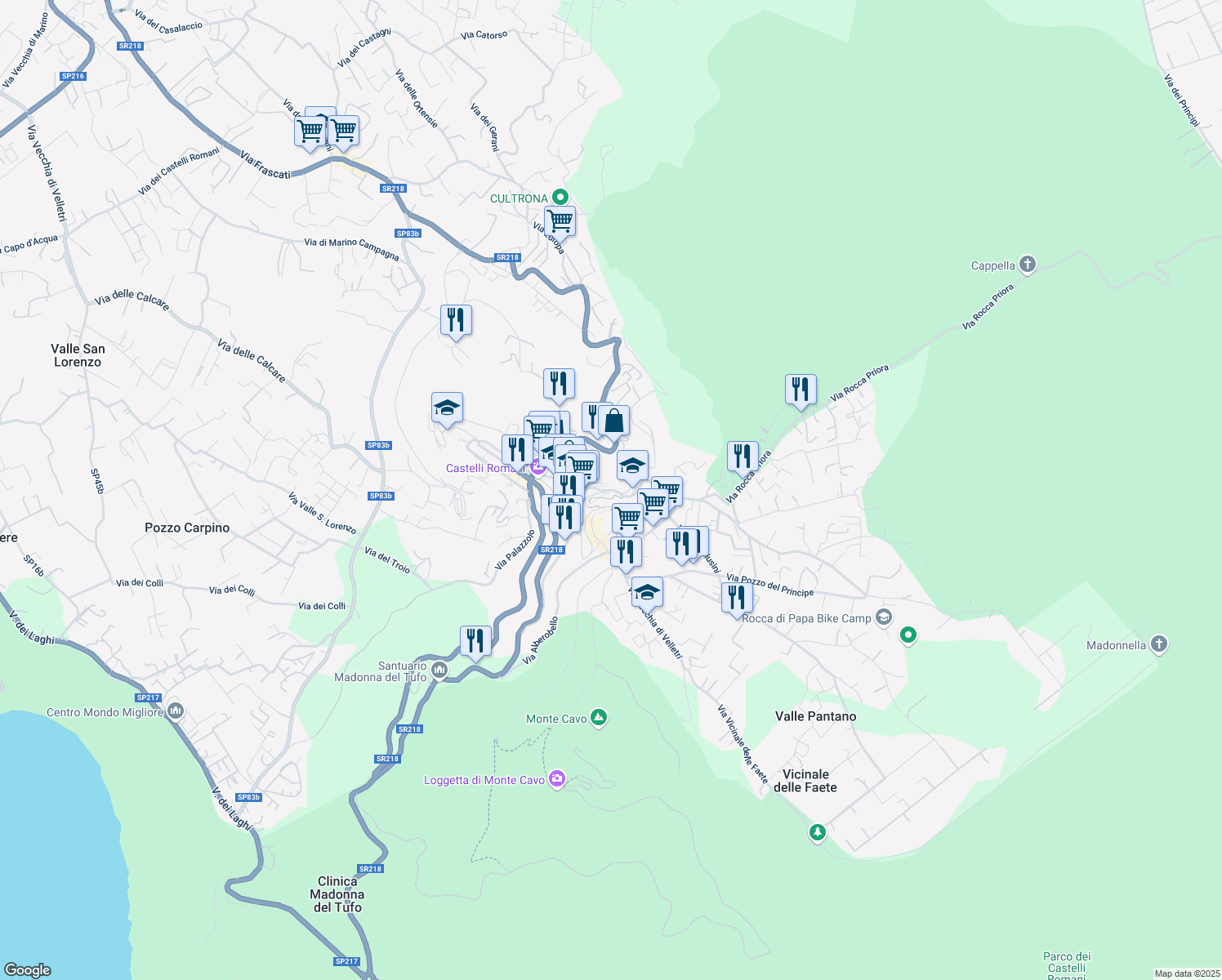 map of restaurants, bars, coffee shops, grocery stores, and more near 69 Via Campi D'Annibale in Rocca di Papa