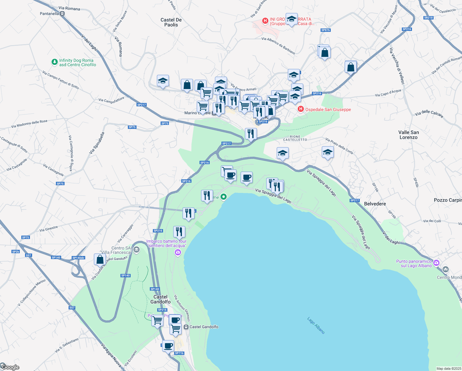 map of restaurants, bars, coffee shops, grocery stores, and more near 15 Via Spiaggia del Lago in Castel Gandolfo