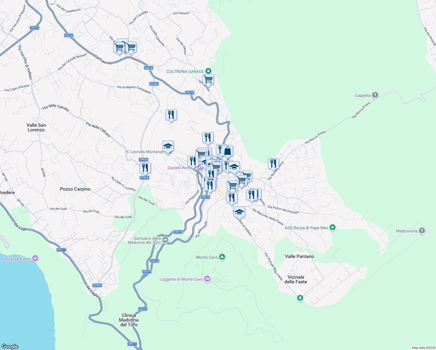 map of restaurants, bars, coffee shops, grocery stores, and more near 15 Via Campi D'Annibale in Rocca di Papa