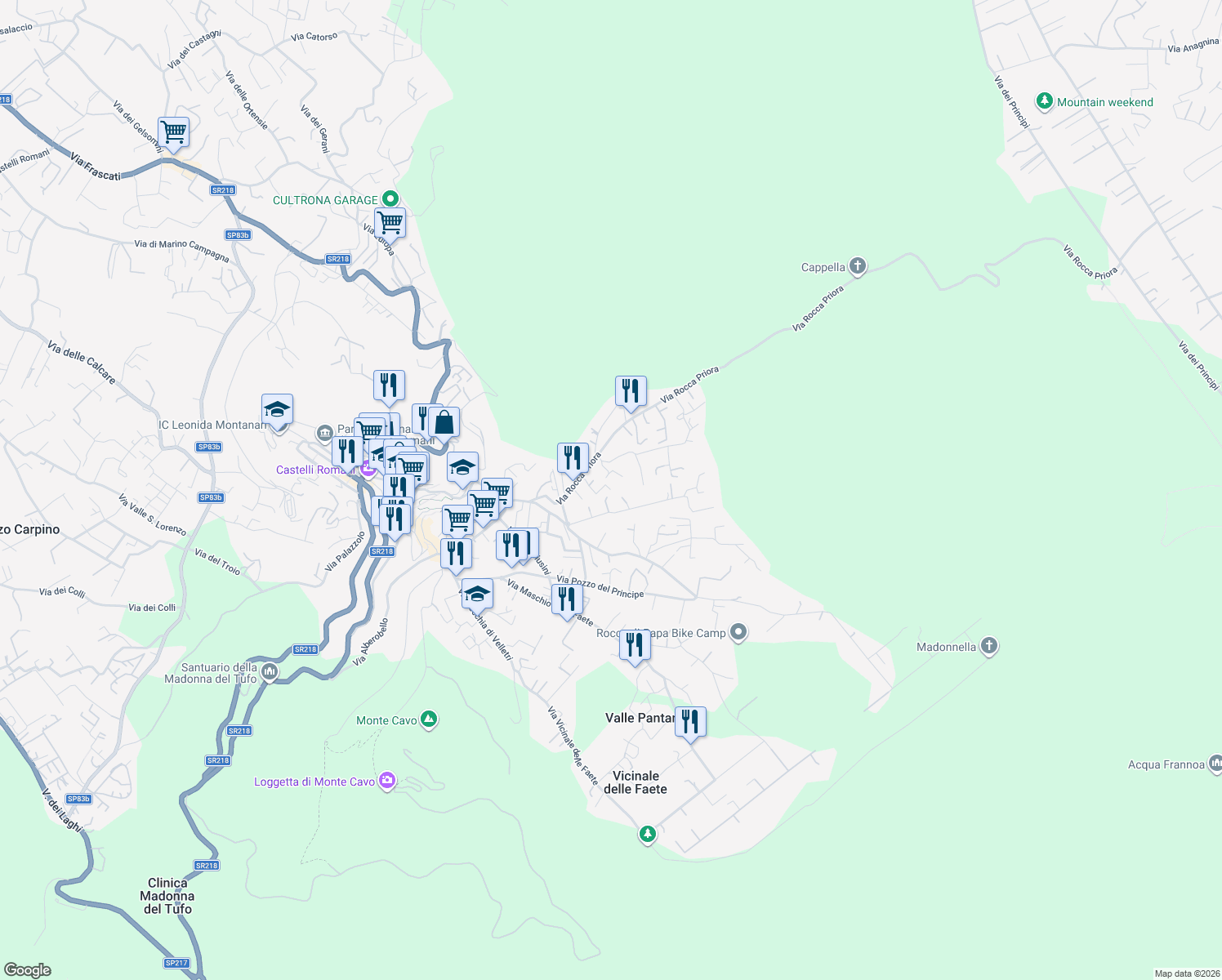 map of restaurants, bars, coffee shops, grocery stores, and more near 26 Via Rocca Priora in Rocca di Papa