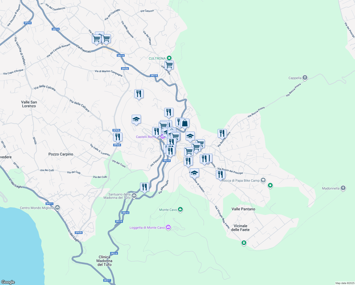map of restaurants, bars, coffee shops, grocery stores, and more near 15 Via Campi D'Annibale in Rocca di Papa