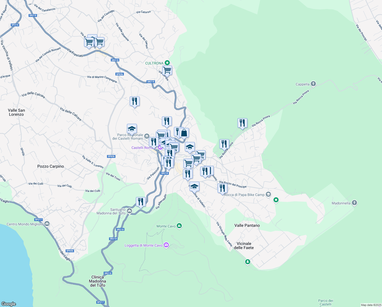 map of restaurants, bars, coffee shops, grocery stores, and more near 28 Via Campi D'Annibale in Rocca di Papa