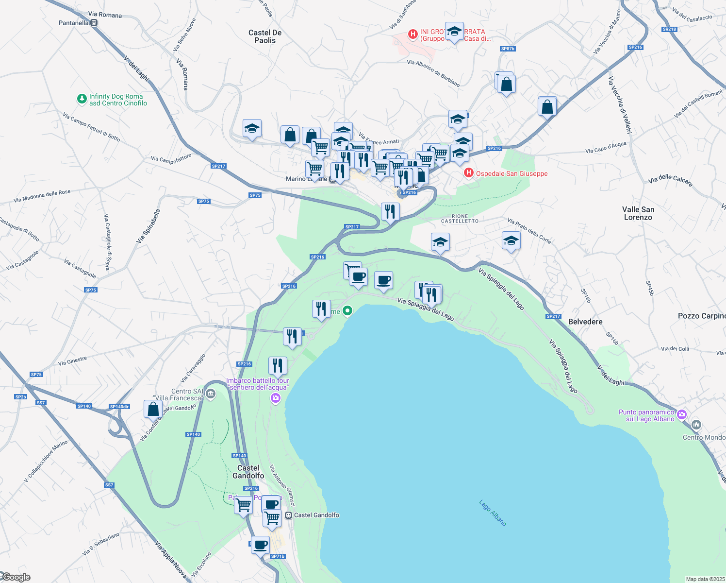 map of restaurants, bars, coffee shops, grocery stores, and more near 15 Via Spiaggia del Lago in Castel Gandolfo