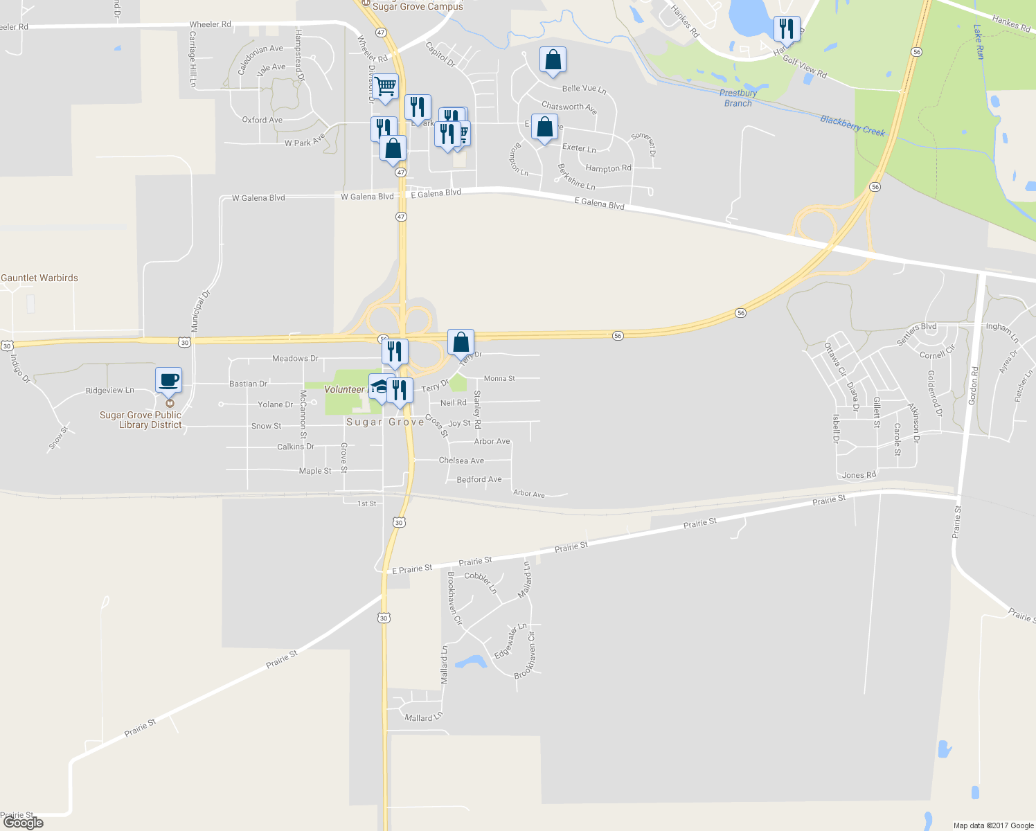 map of restaurants, bars, coffee shops, grocery stores, and more near 134 Joy Street in Sugar Grove