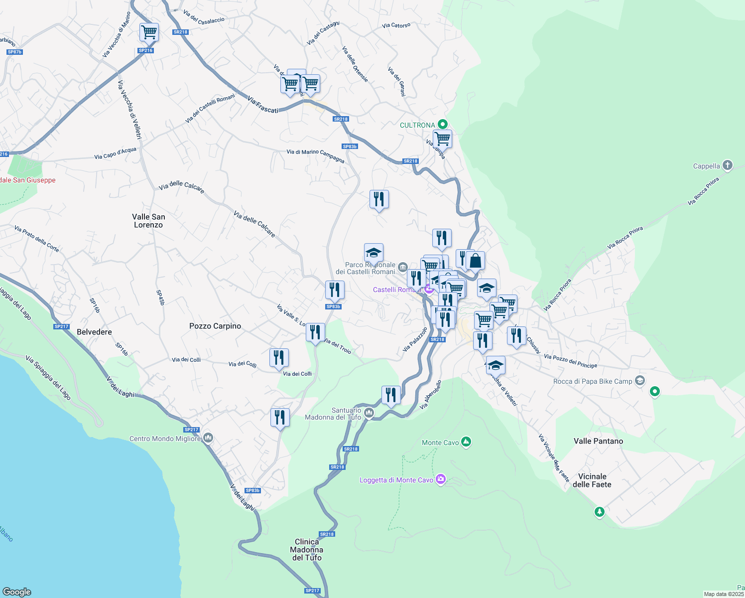 map of restaurants, bars, coffee shops, grocery stores, and more near 3 Via Valle Vergine in Rocca di Papa
