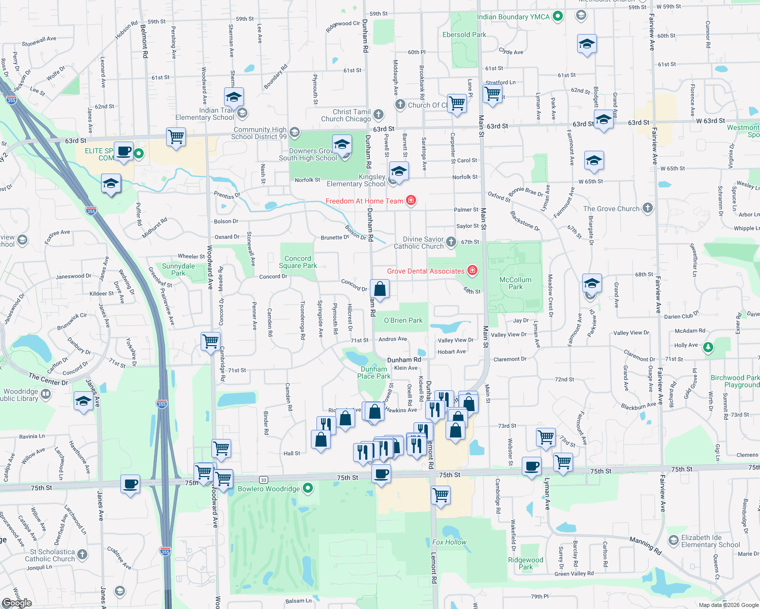 map of restaurants, bars, coffee shops, grocery stores, and more near 6901 Dunham Road in Downers Grove